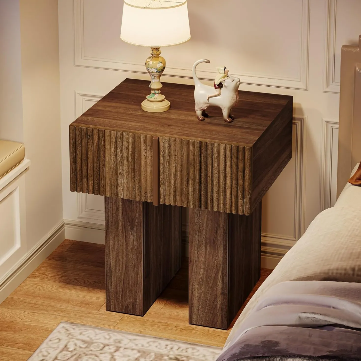19.6" Fluted Nightstand, Wooden Bedside Table with Storage Drawer