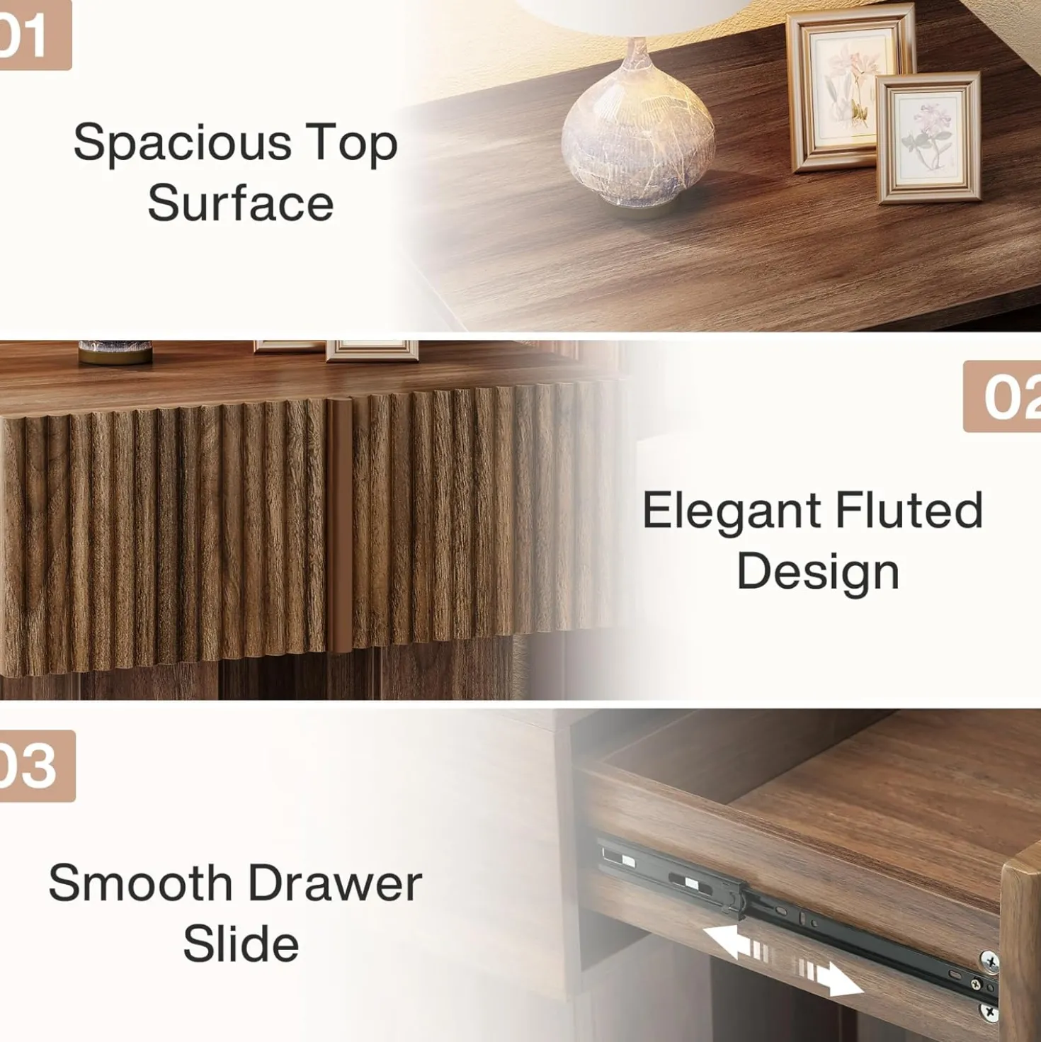 19.6" Fluted Nightstand, Wooden Bedside Table with Storage Drawer