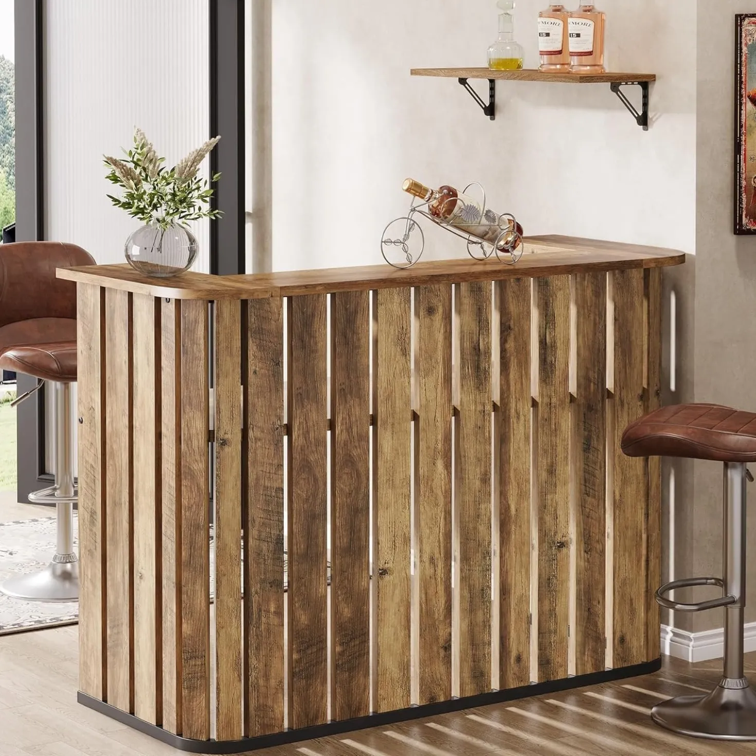 63" Home Bar Unit, Farmhouse Liquor Bar Table with 2-Tier Shelves
