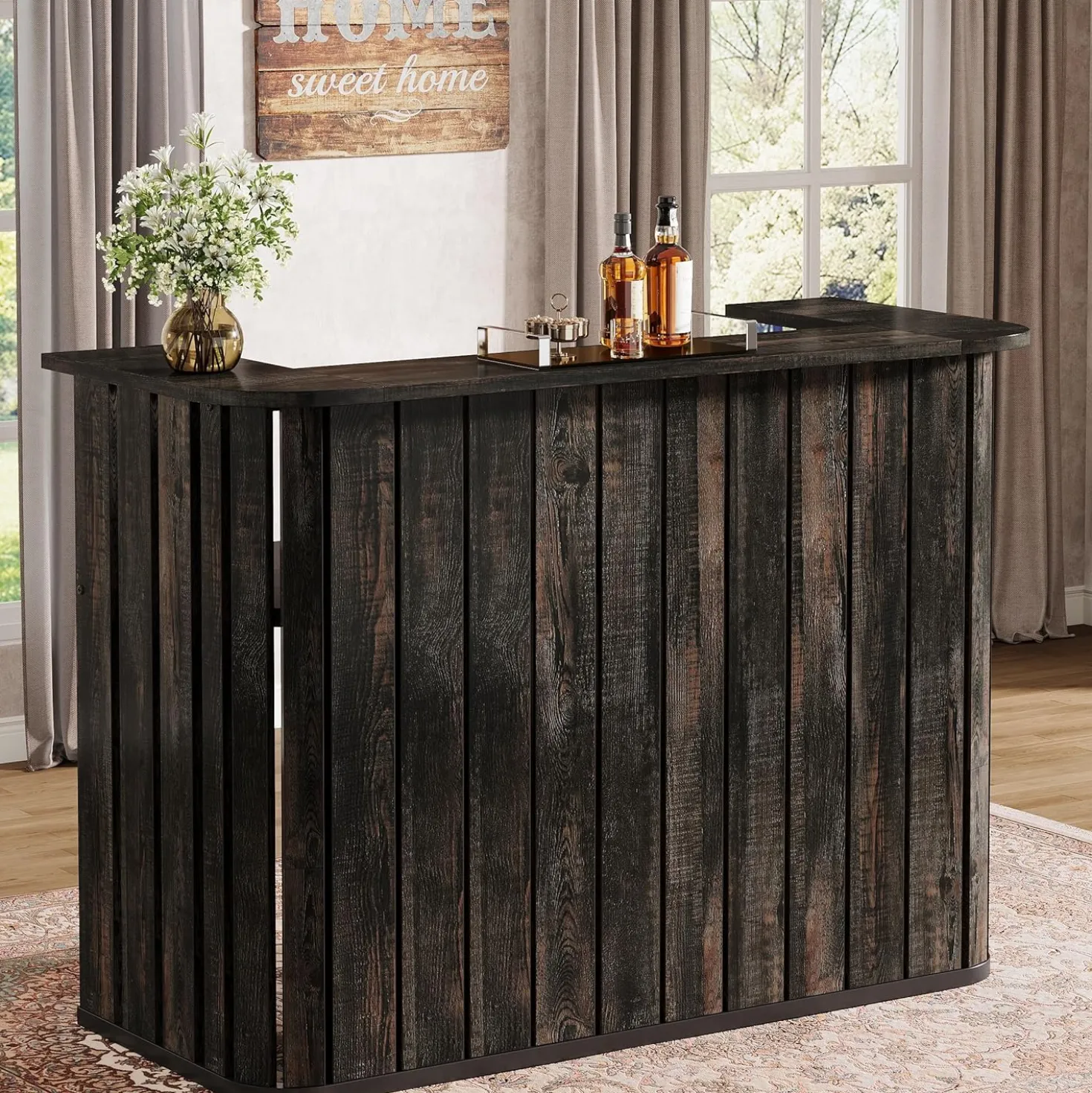 63" Home Bar Unit, Farmhouse Liquor Bar Table with 2-Tier Shelves