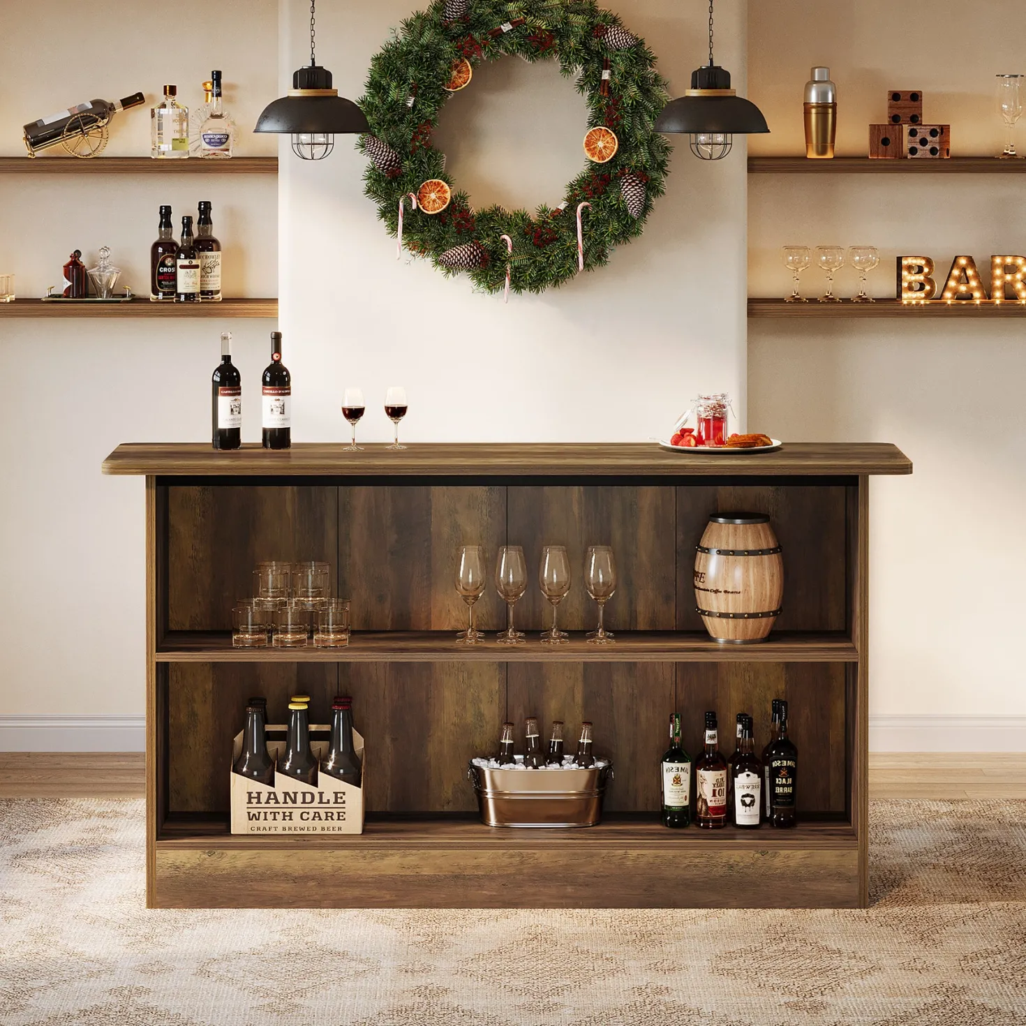 63" Home Bar Unit, 2-Tier Bar Table Coffee Cabinet with Footrest