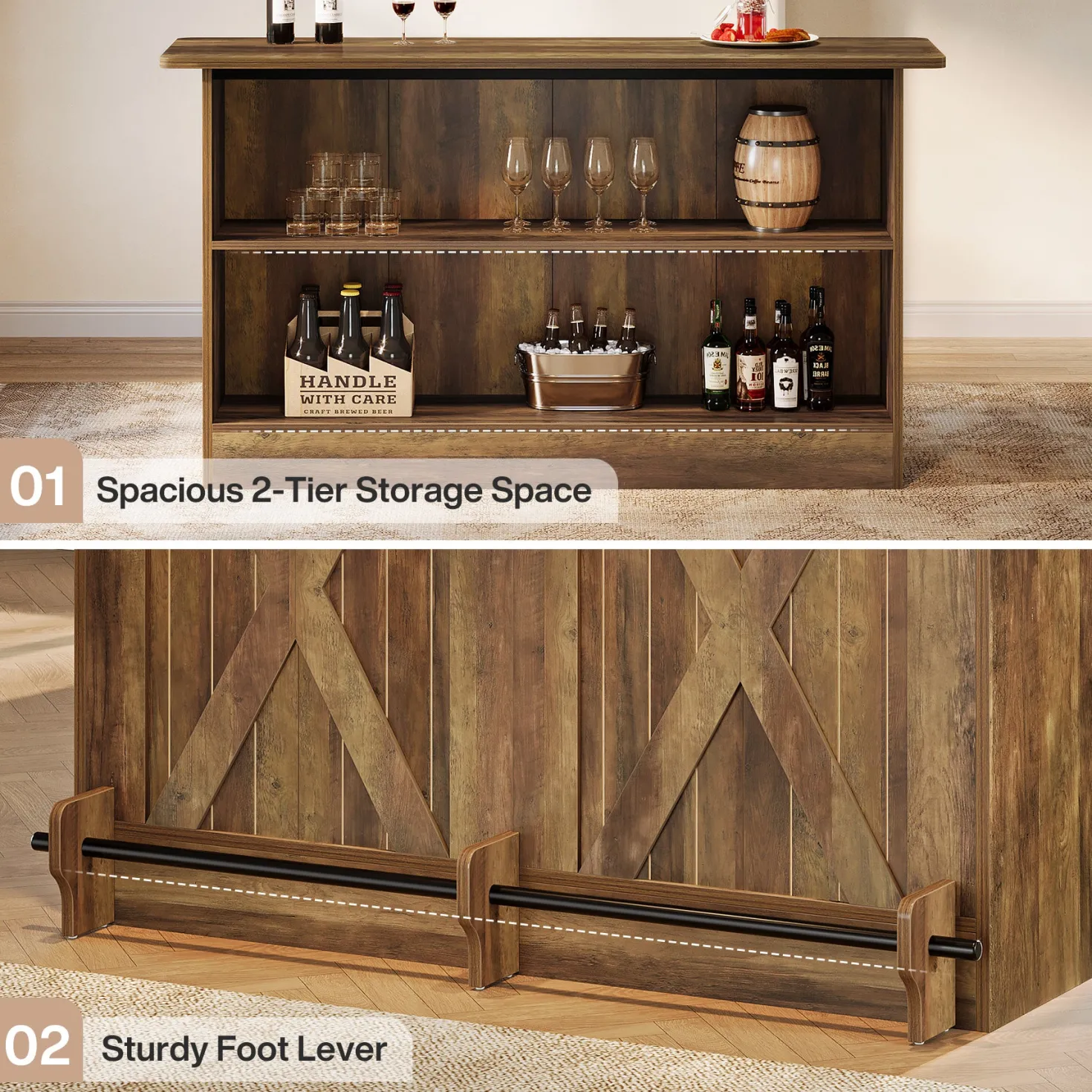 63" Home Bar Unit, 2-Tier Bar Table Coffee Cabinet with Footrest