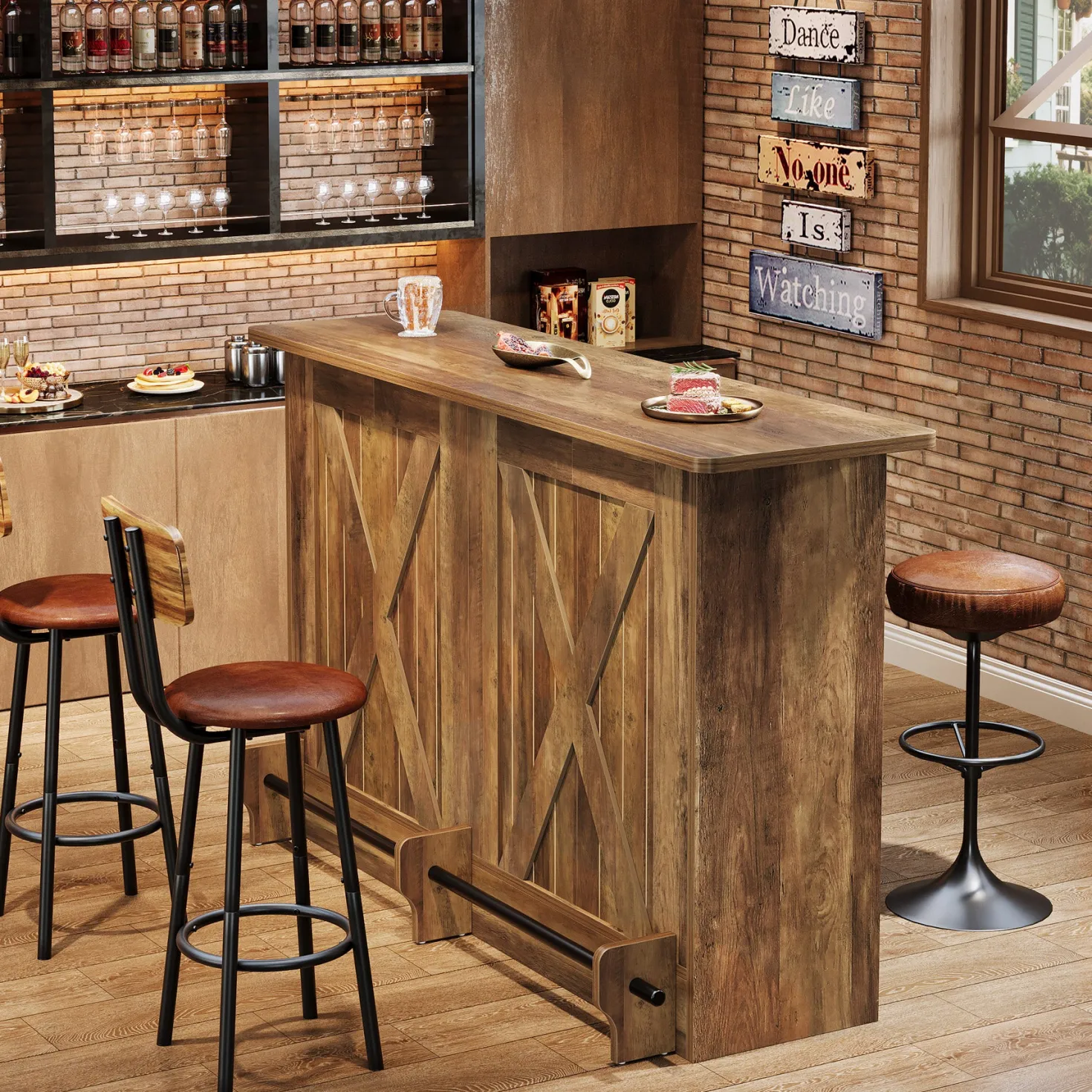 63" Home Bar Unit, 2-Tier Bar Table Coffee Cabinet with Footrest