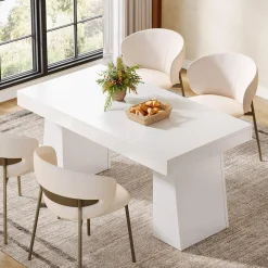 55 Inch Farmhouse Double Pedestal Dining Table, Rectangular Table for 4-6 in Small Spaces