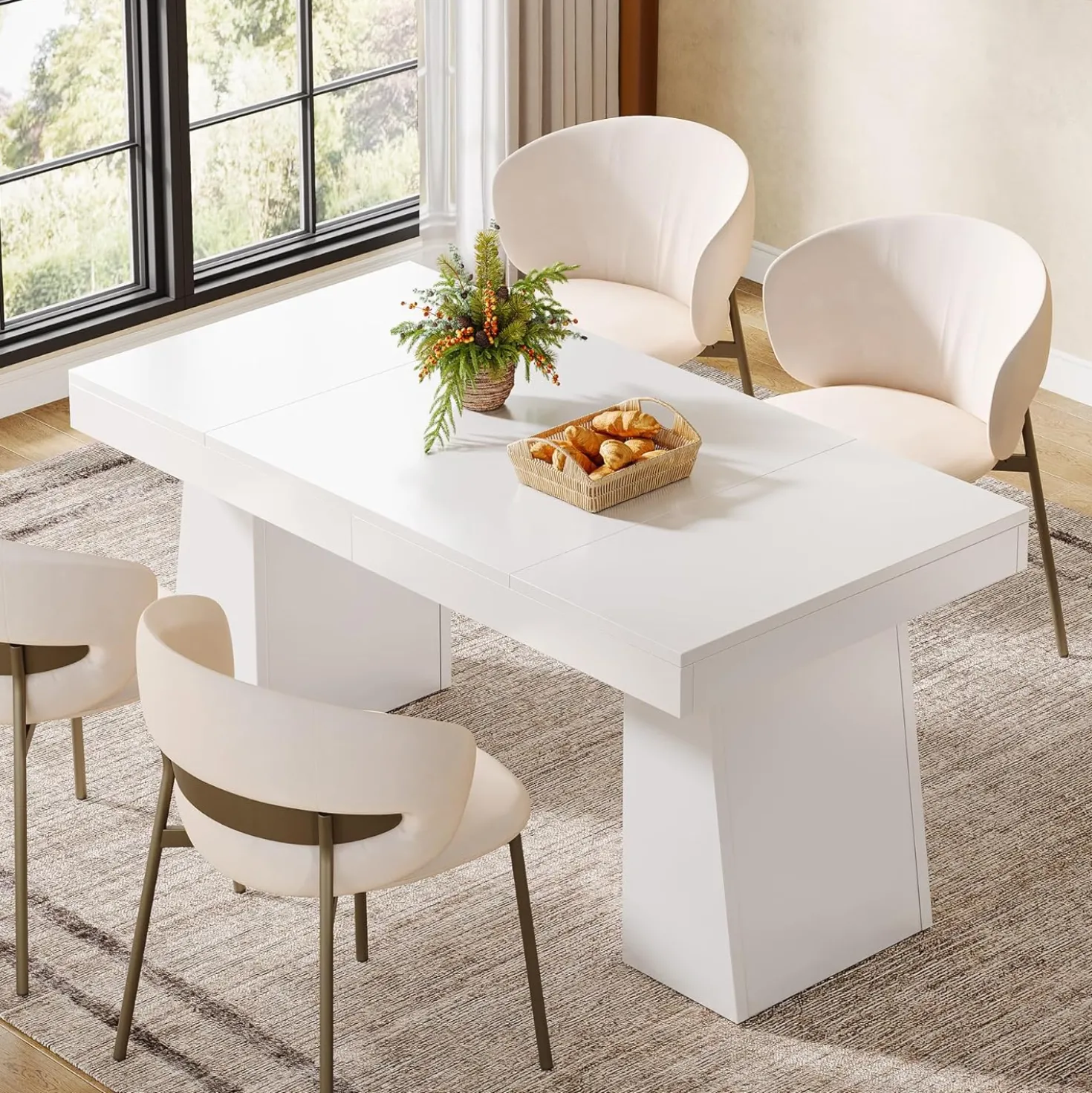 55 Inch Farmhouse Double Pedestal Dining Table, Rectangular Table for 4-6 in Small Spaces