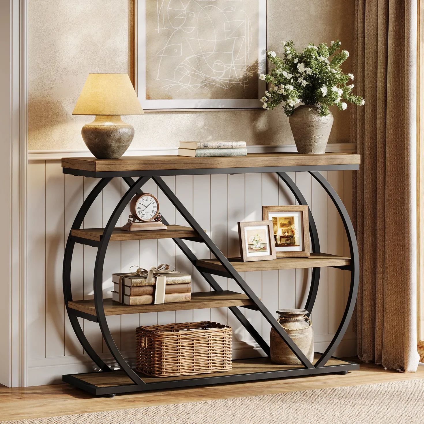 41.3" Industrial Console Table with 5 Staggered Shelves, Arched Metal Frame Entryway & Sofa Table
