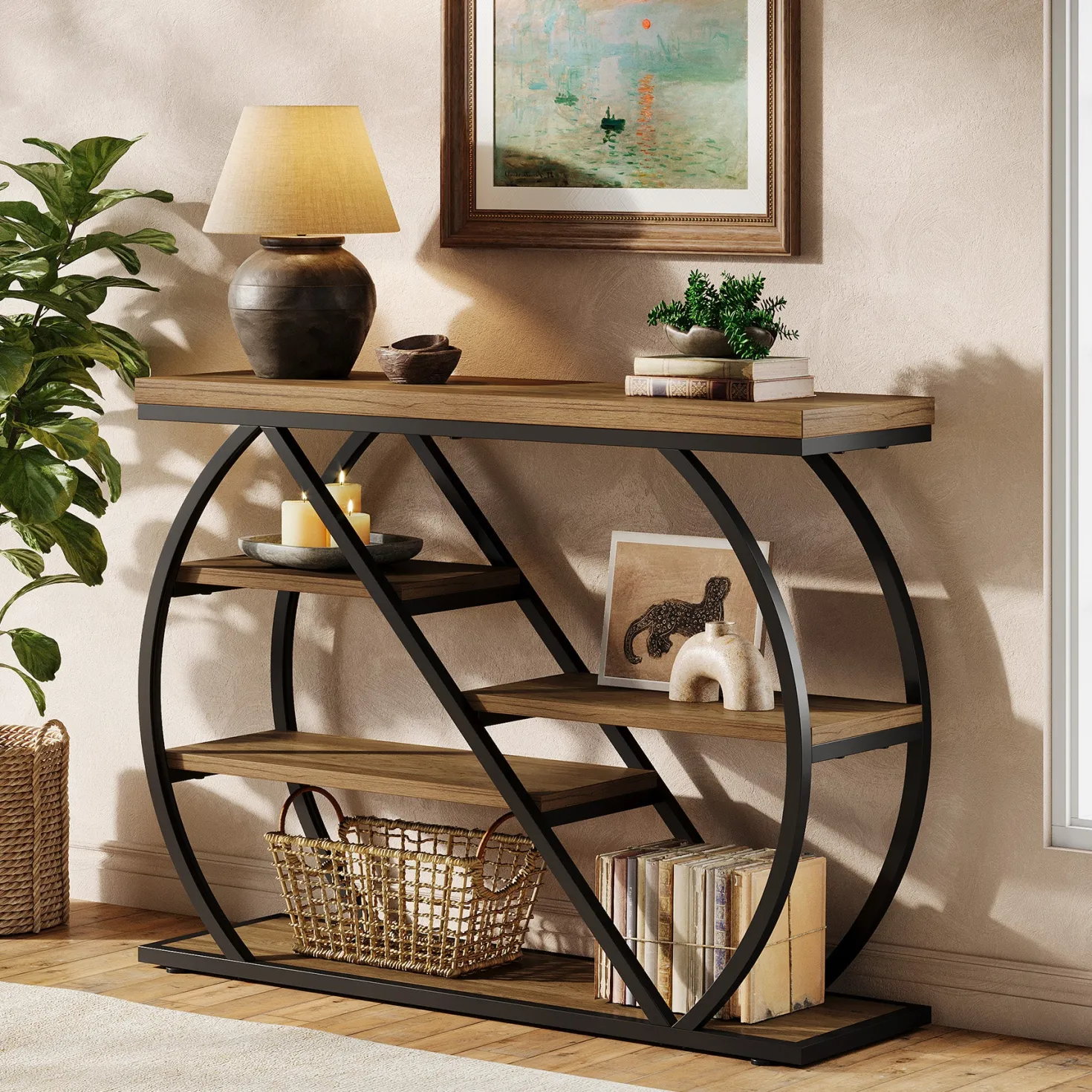 41.3" Industrial Console Table with 5 Staggered Shelves, Arched Metal Frame Entryway & Sofa Table