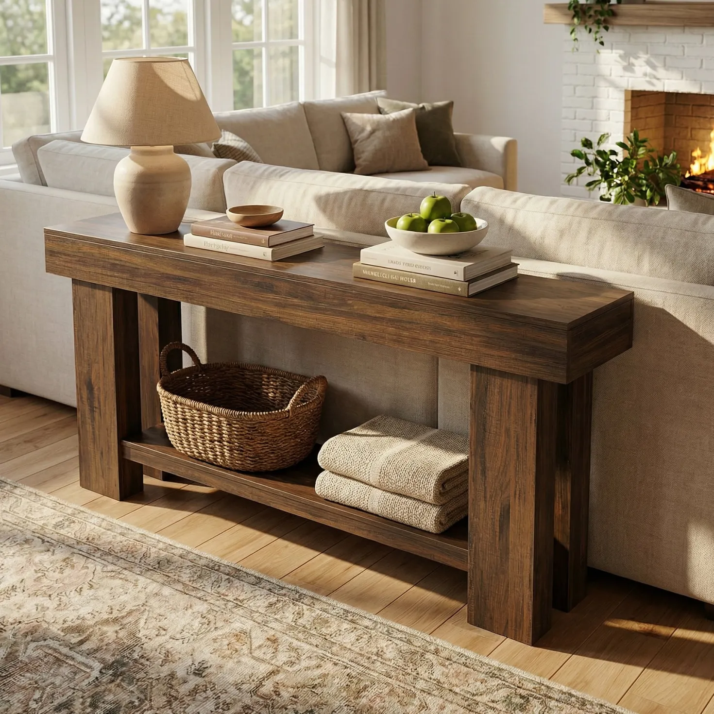 63" Industrial Console Table with Storage Shelf, 2-Tier Sofa Table for Behind Couch