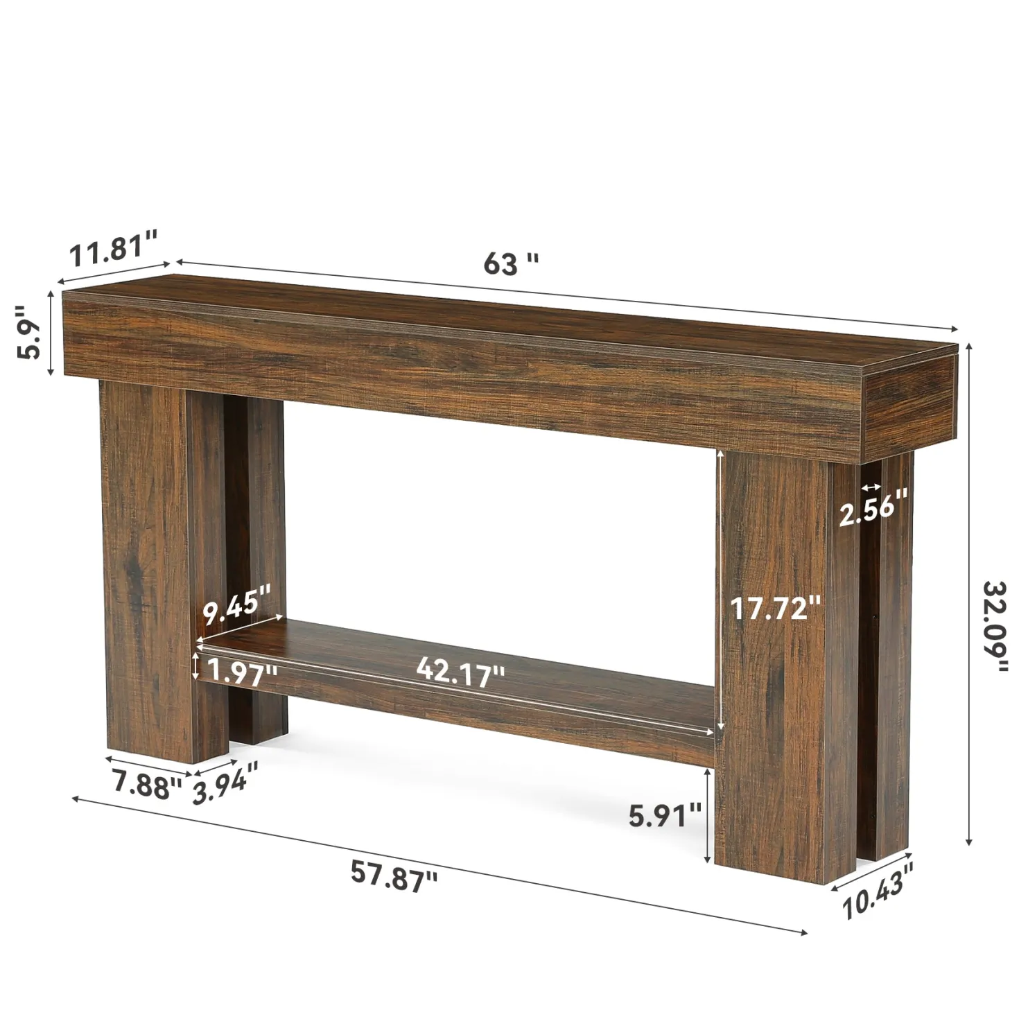 63" Industrial Console Table with Storage Shelf, 2-Tier Sofa Table for Behind Couch