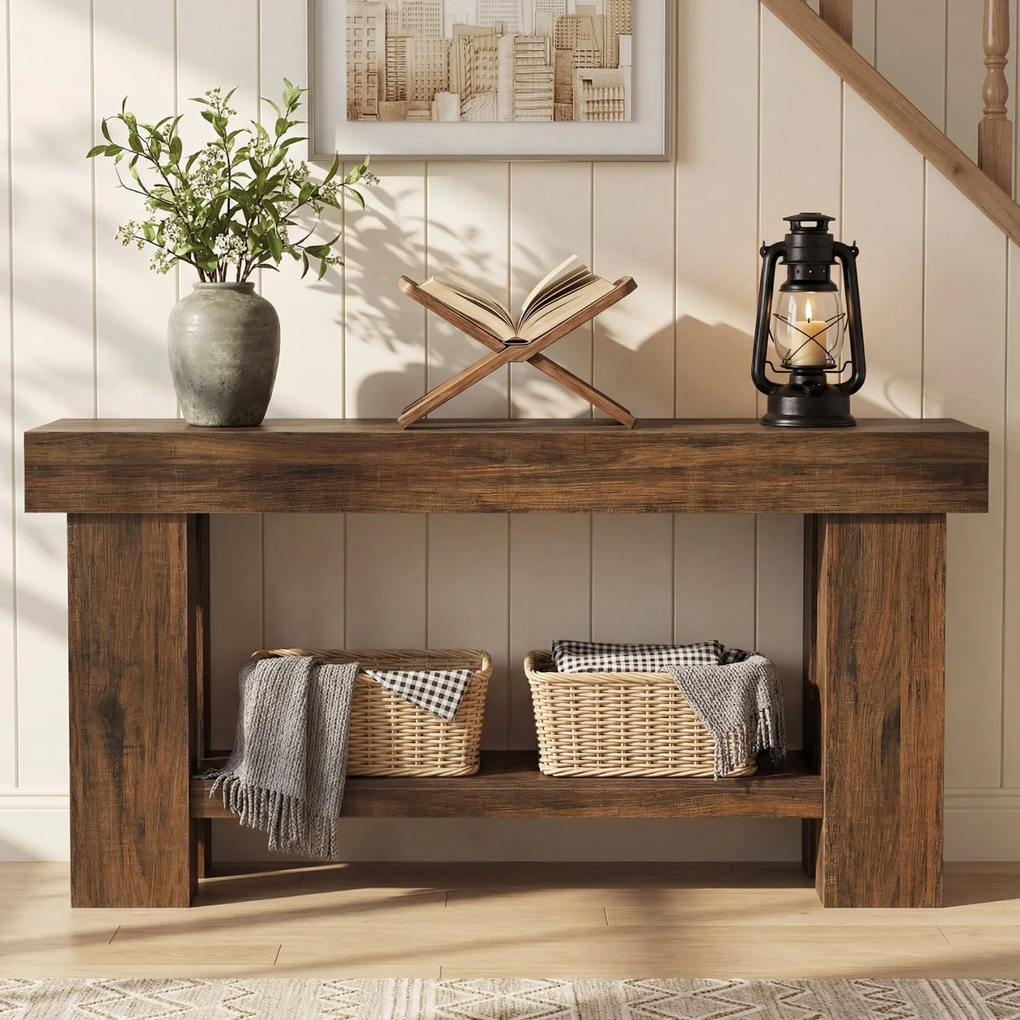 63" Industrial Console Table with Storage Shelf, 2-Tier Sofa Table for Behind Couch