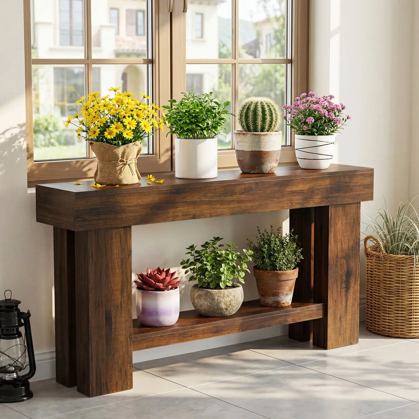 63" Industrial Console Table with Storage Shelf, 2-Tier Sofa Table for Behind Couch