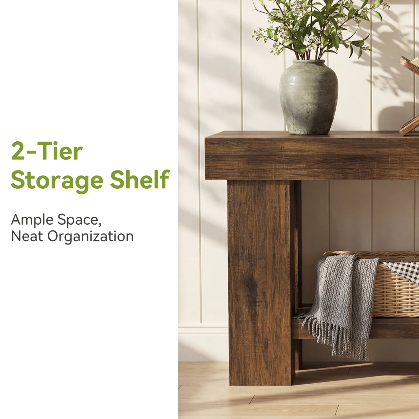 63" Industrial Console Table with Storage Shelf, 2-Tier Sofa Table for Behind Couch