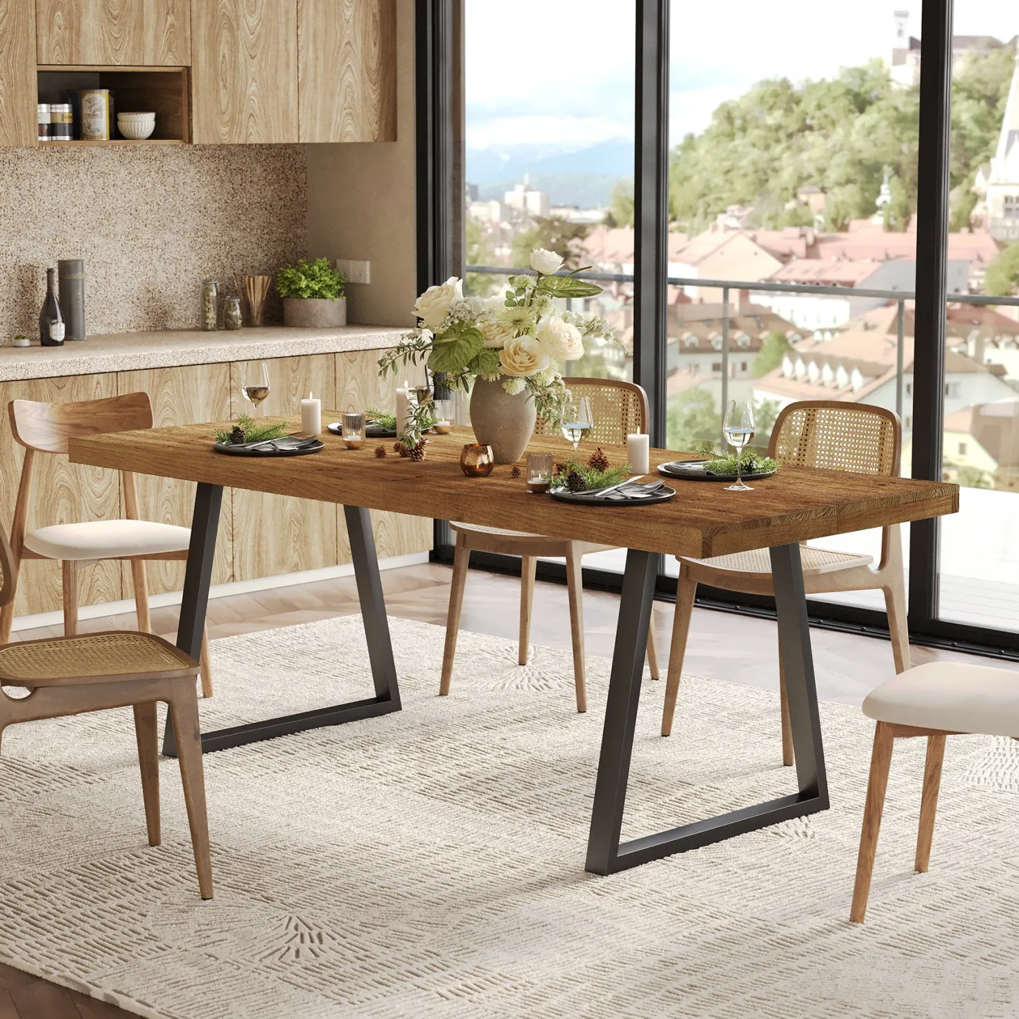 63" Industrial Dining Table, Solid Wood Rectangular Kitchen Table for 4-6 People