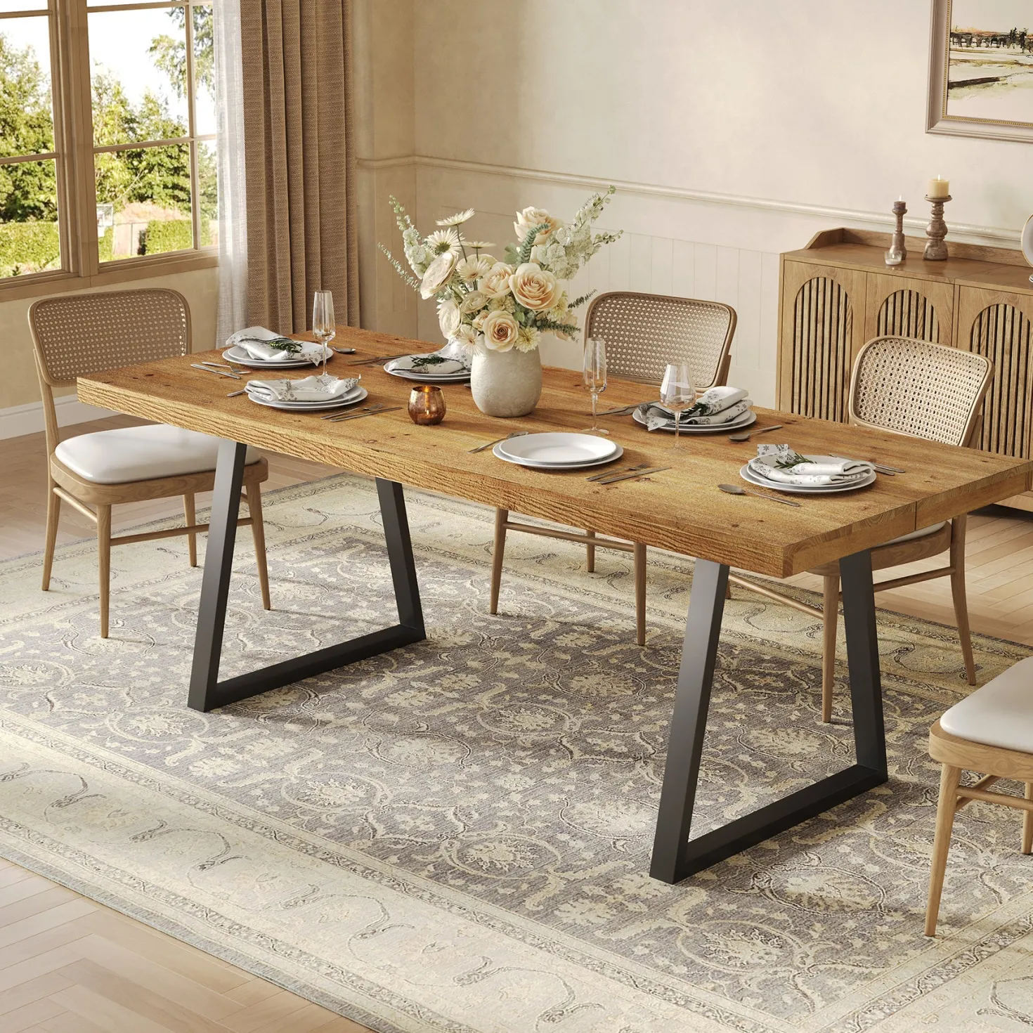 63" Industrial Dining Table, Solid Wood Rectangular Kitchen Table for 4-6 People