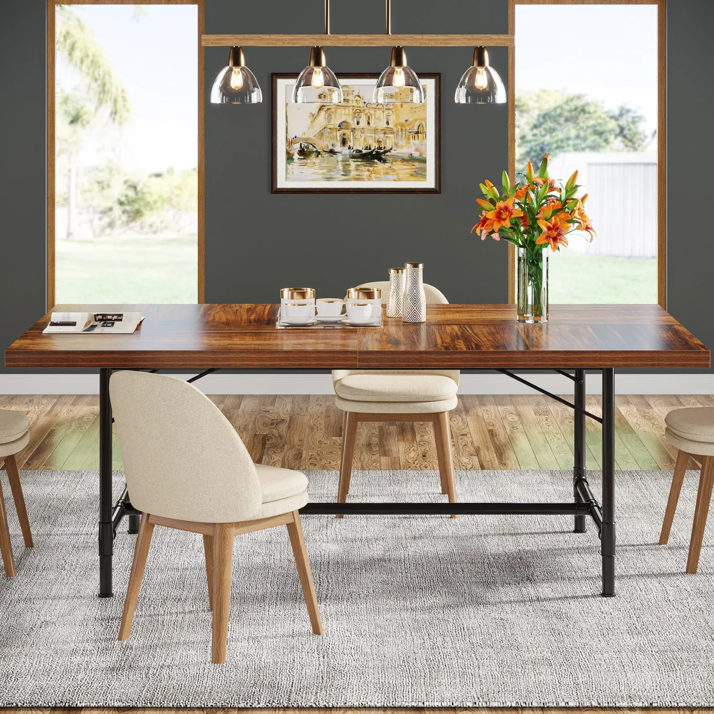 70.8" Industrial Dining Table, Rectangle Kitchen Table for 6-8 People