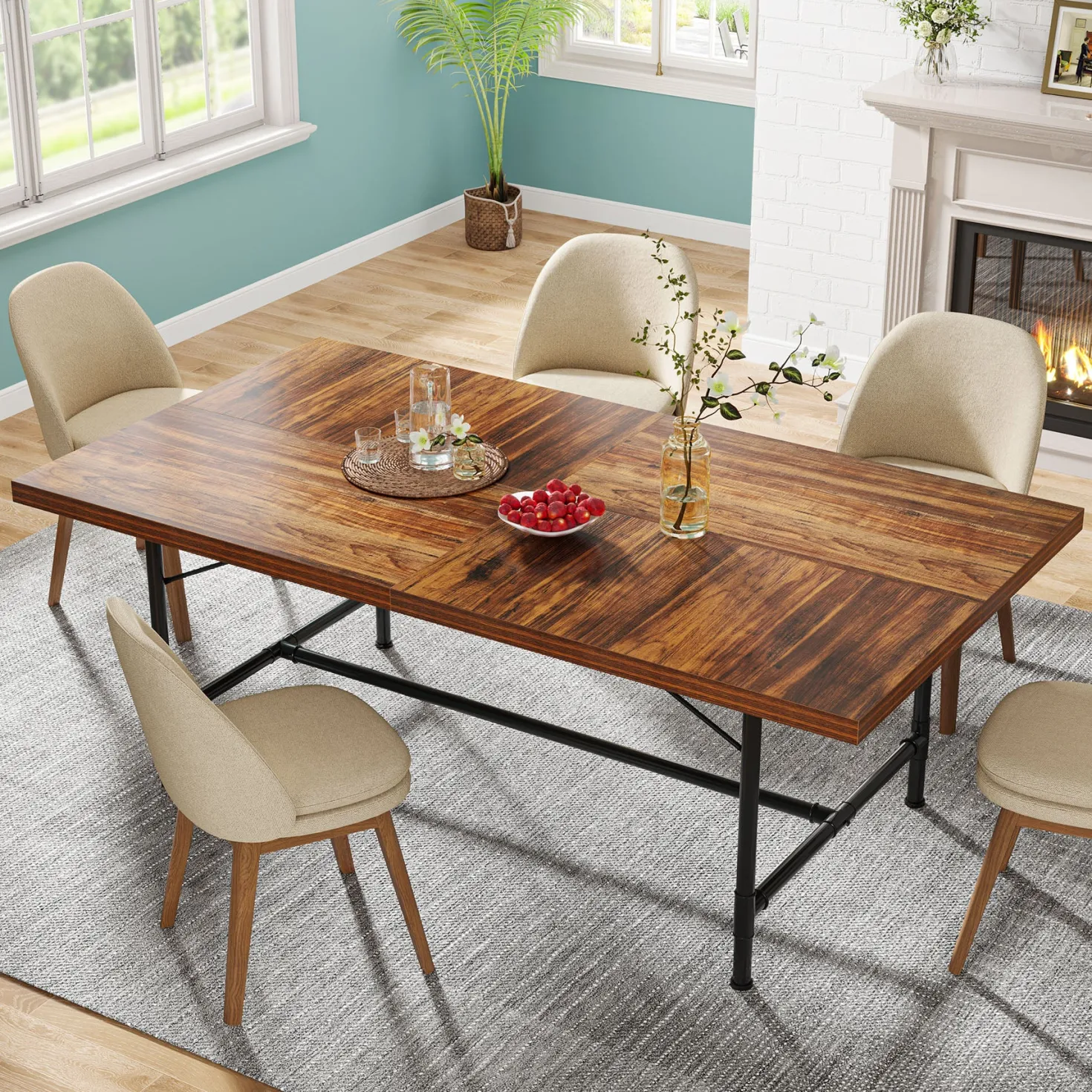70.8" Industrial Dining Table, Rectangle Kitchen Table for 6-8 People