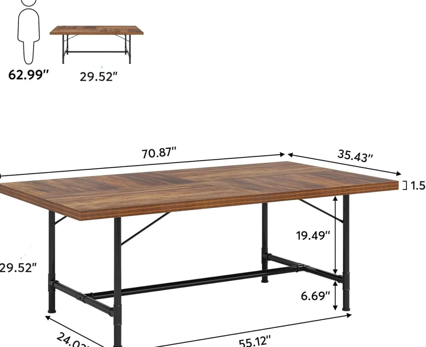 70.8" Industrial Dining Table, Rectangle Kitchen Table for 6-8 People