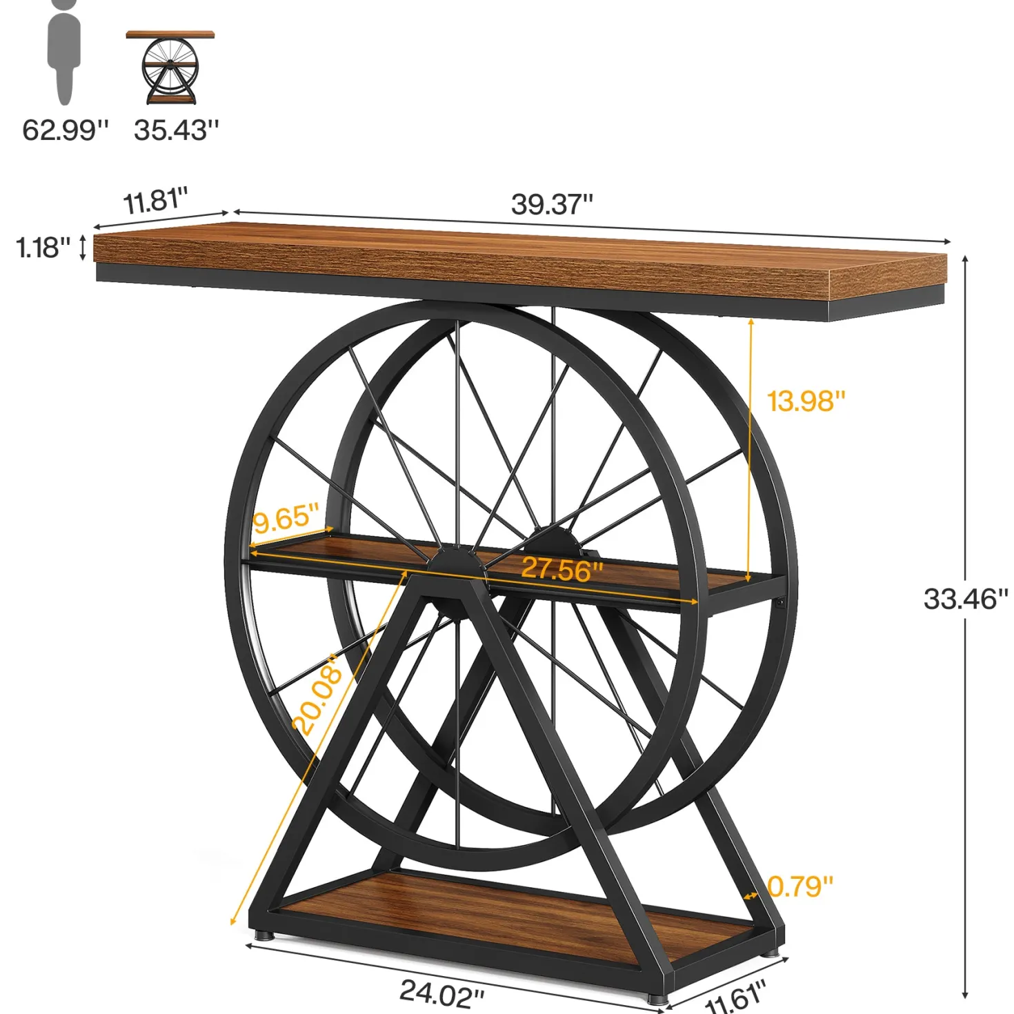 39.4" Industrial 3-Tier Console Table with Wheels, Narrow Entryway Sofa Table with Storage