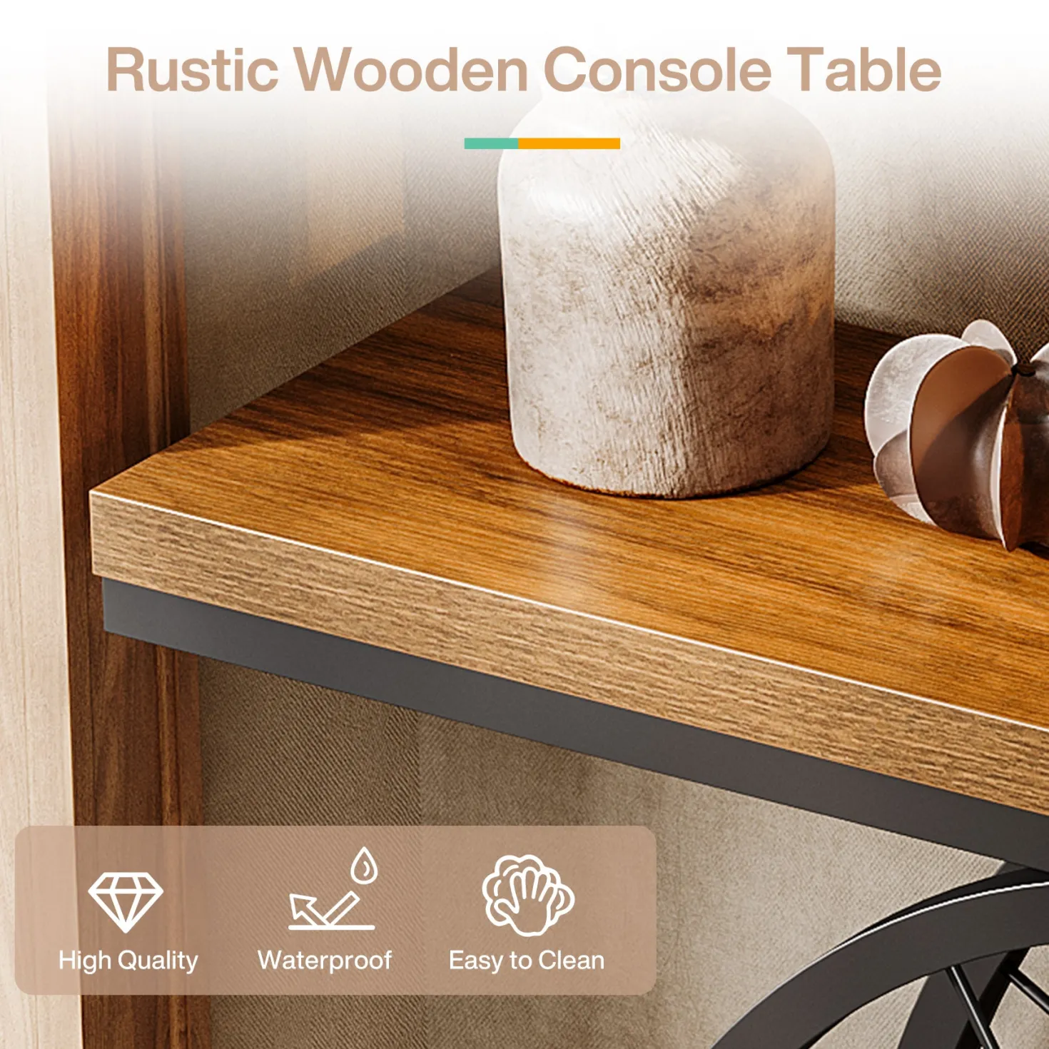 39.4" Industrial 3-Tier Console Table with Wheels, Narrow Entryway Sofa Table with Storage