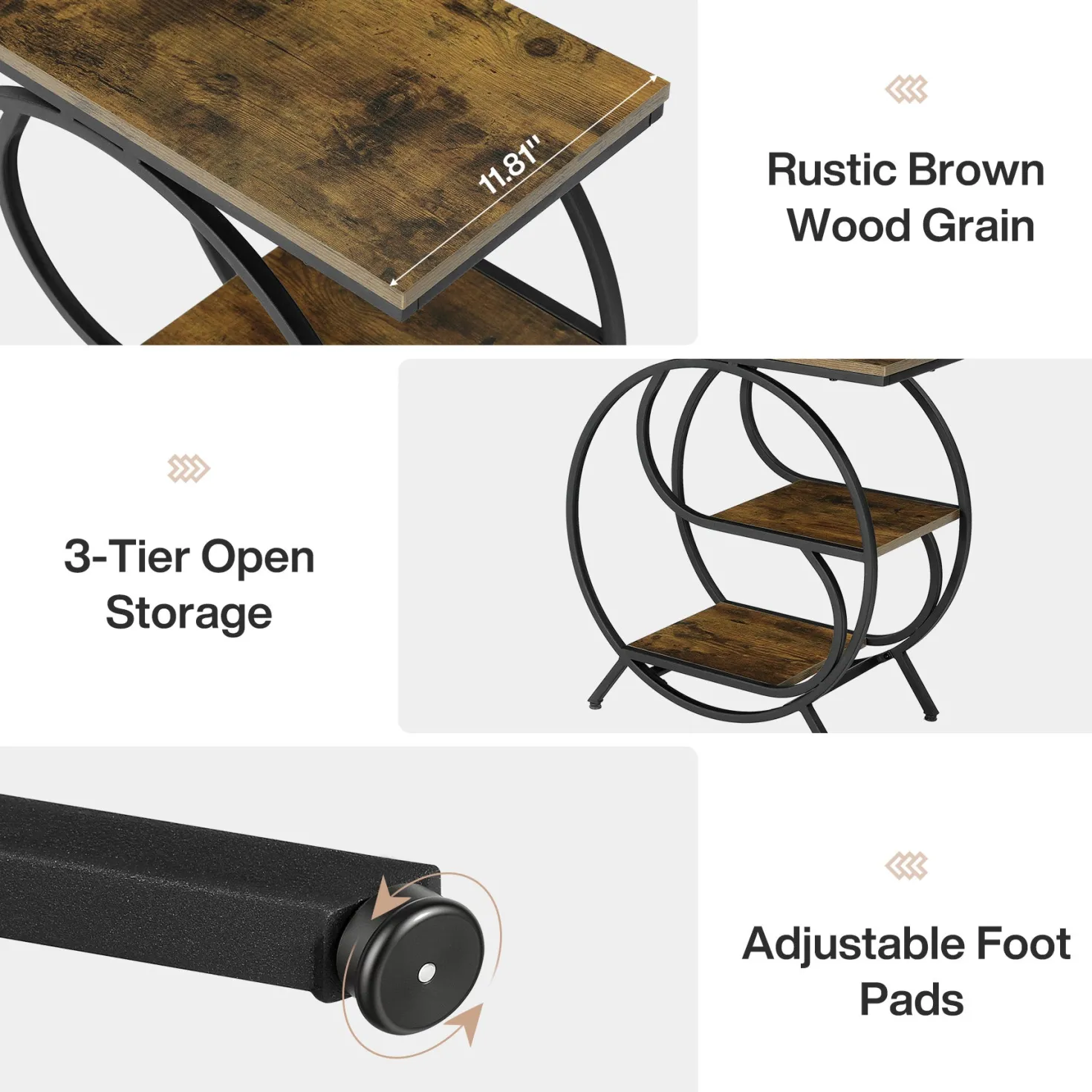 23.62" Industrial 3-Tier End Table, Rustic Brown Rectangle Side Table