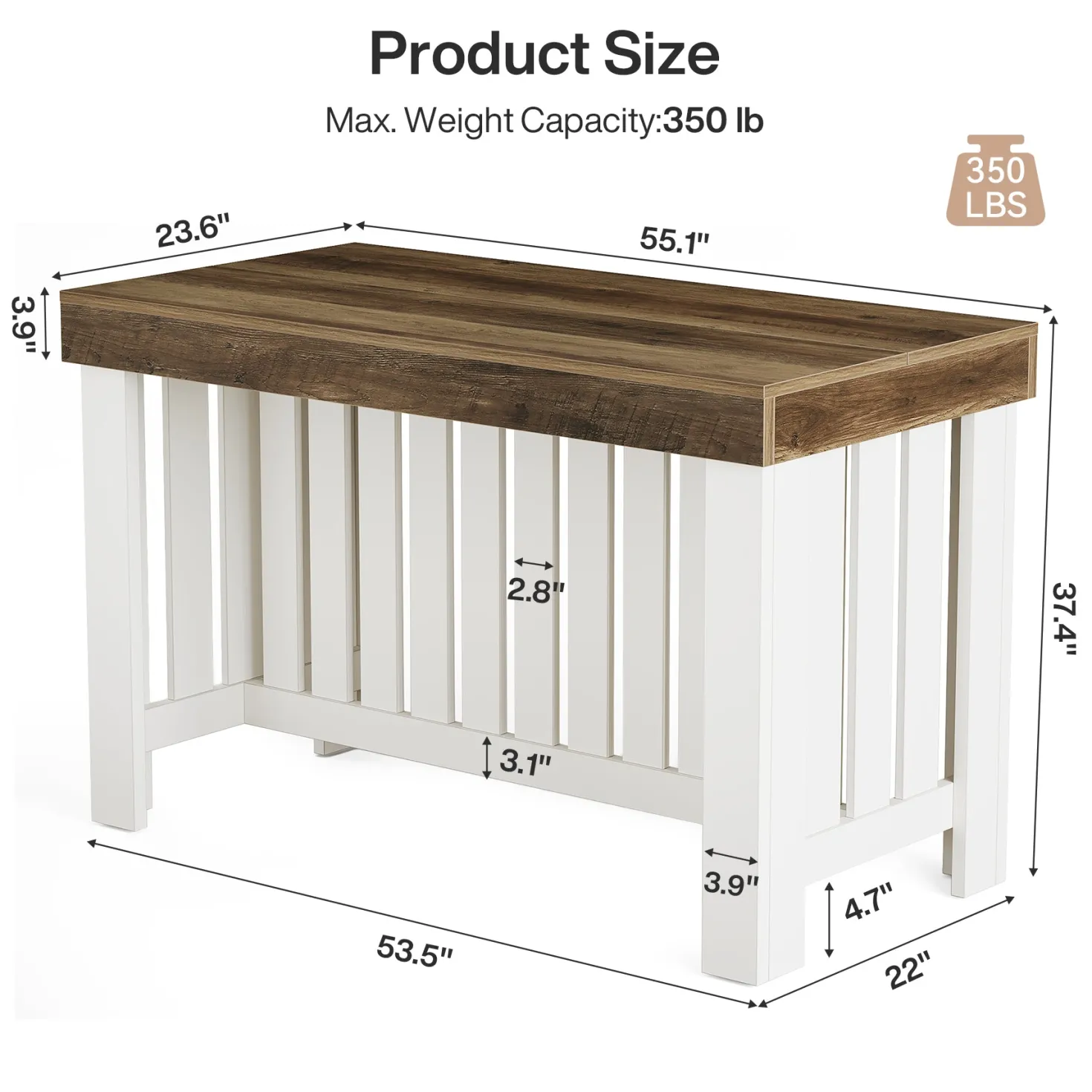 55" Kitchen Island, Farmhouse Stationary Table with Sturdy Base for Kitchen