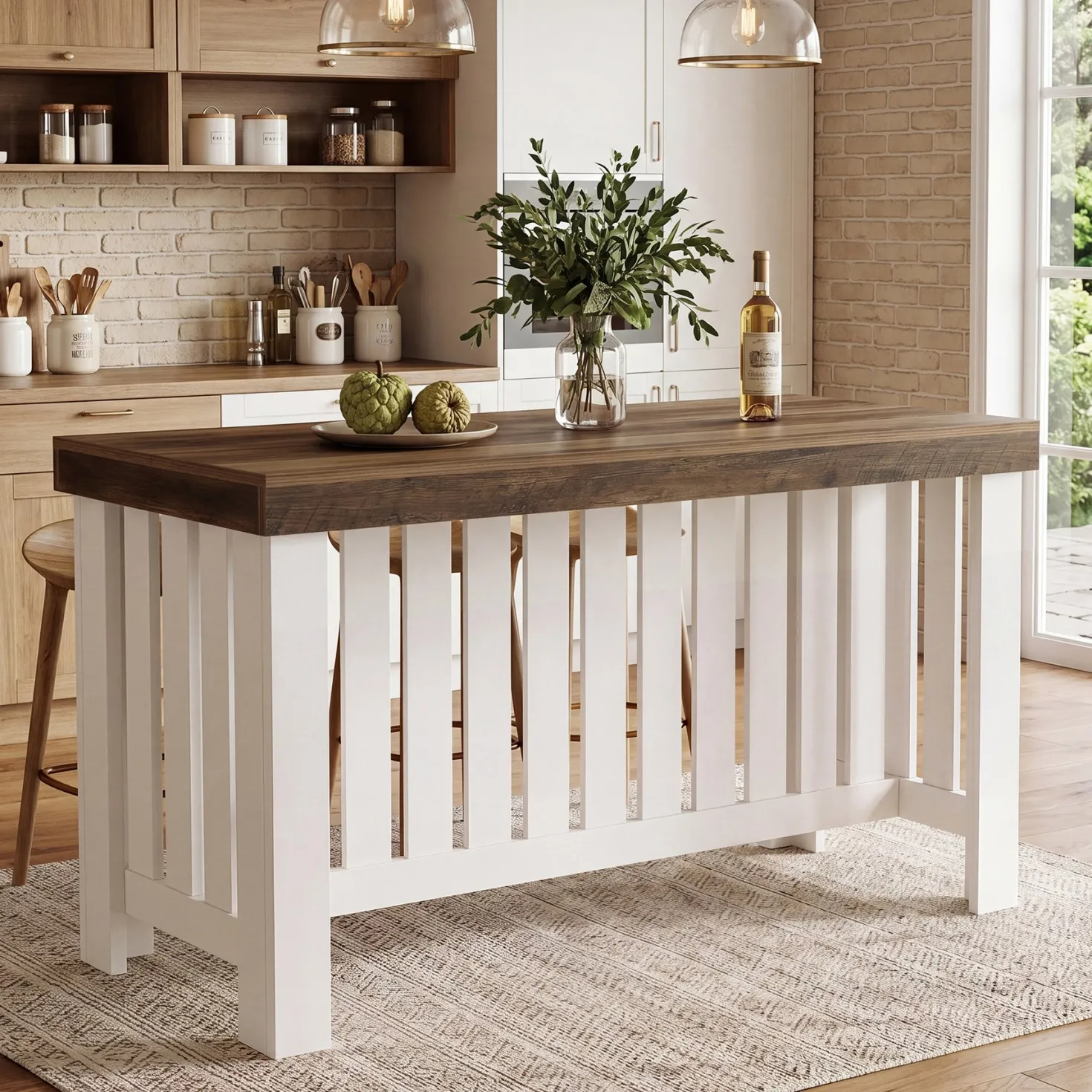 55" Kitchen Island, Farmhouse Stationary Table with Sturdy Base for Kitchen