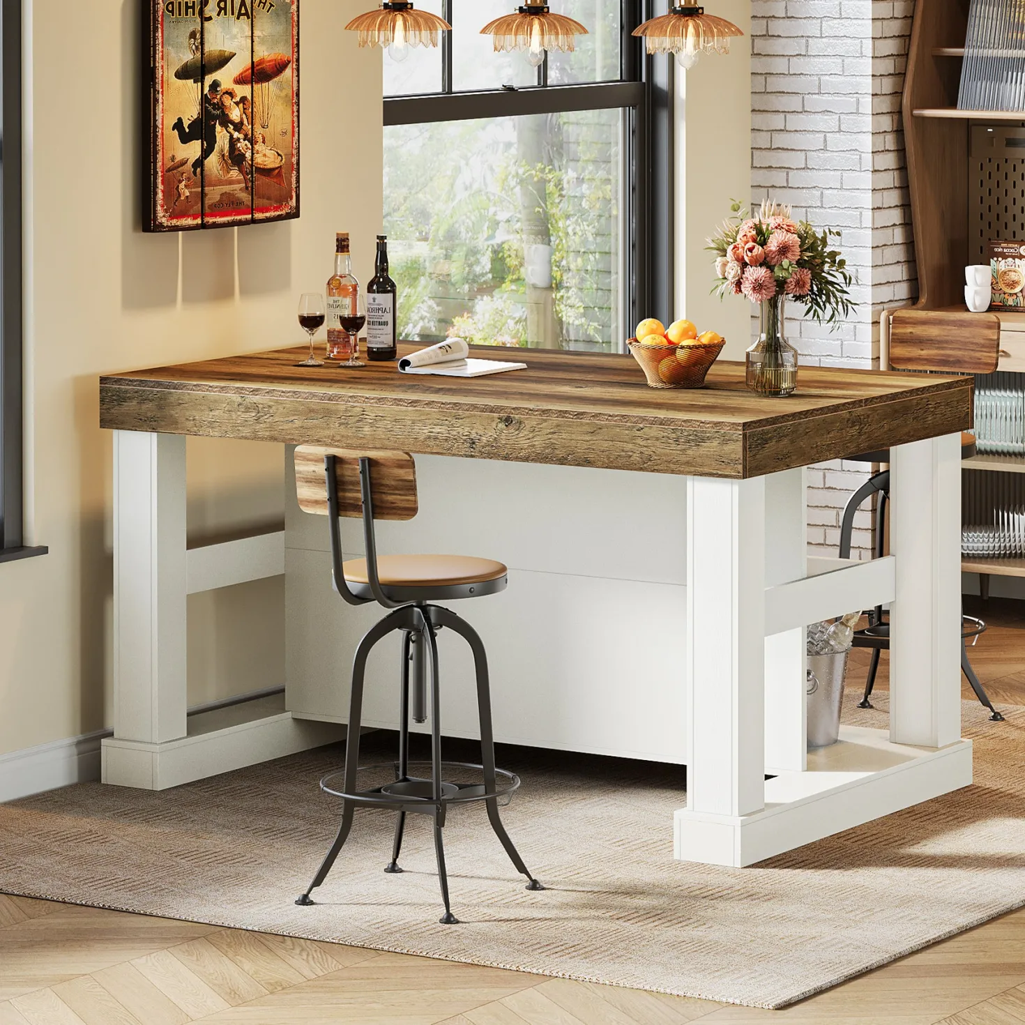 55" Kitchen Island, Farmhouse Stationary Island Unit with 2-Tier Storage