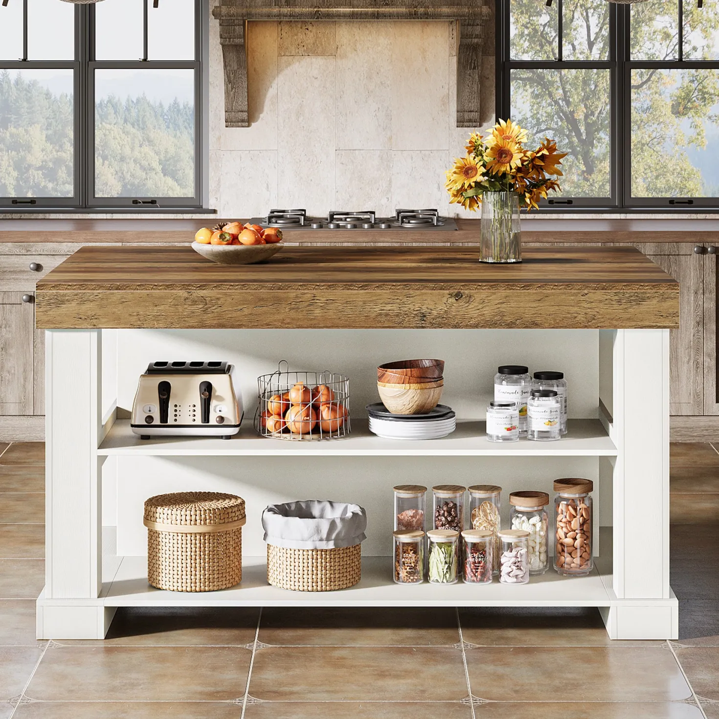 55" Kitchen Island, Farmhouse Stationary Island Unit with 2-Tier Storage