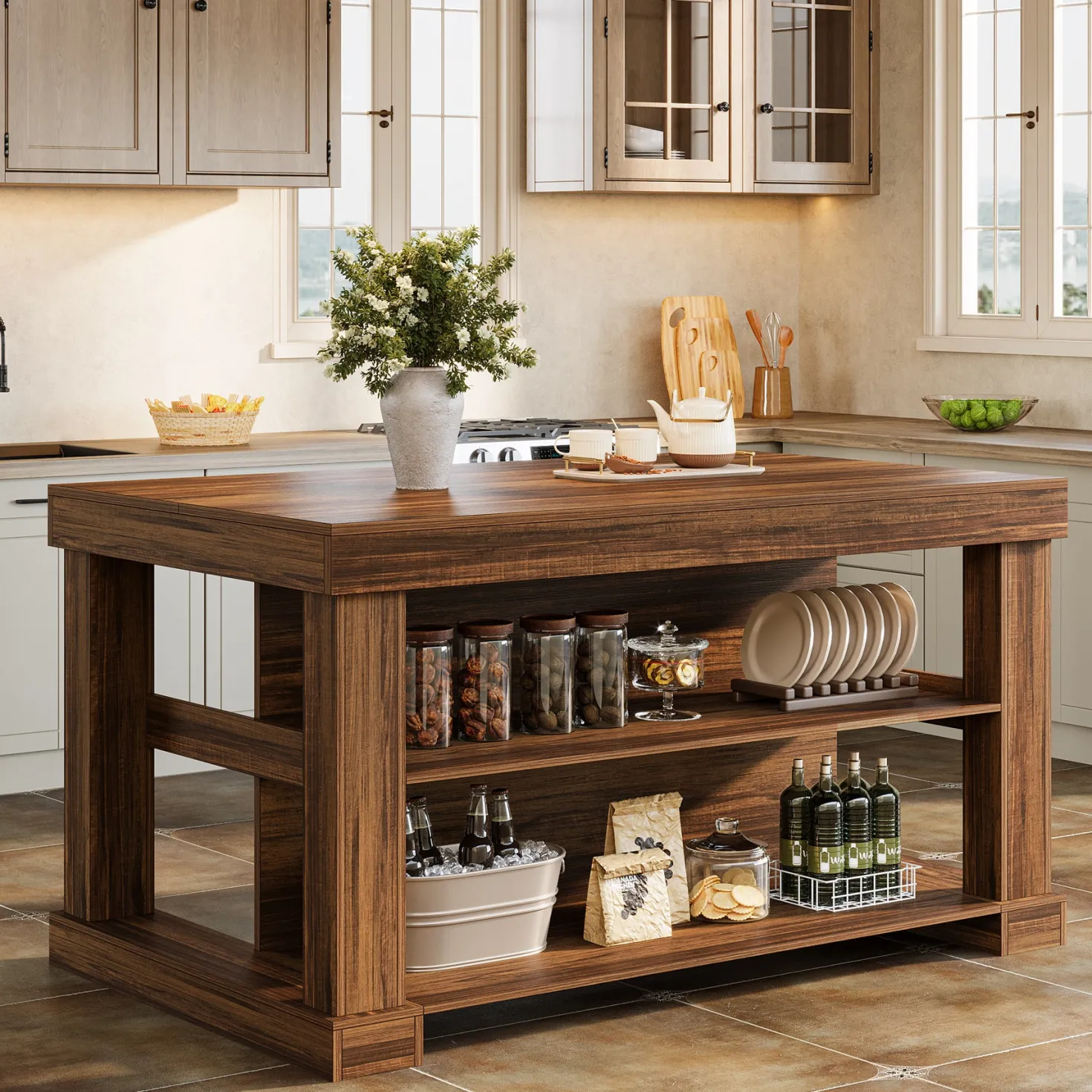 55" Kitchen Island, Farmhouse Stationary Island Unit with 2-Tier Storage