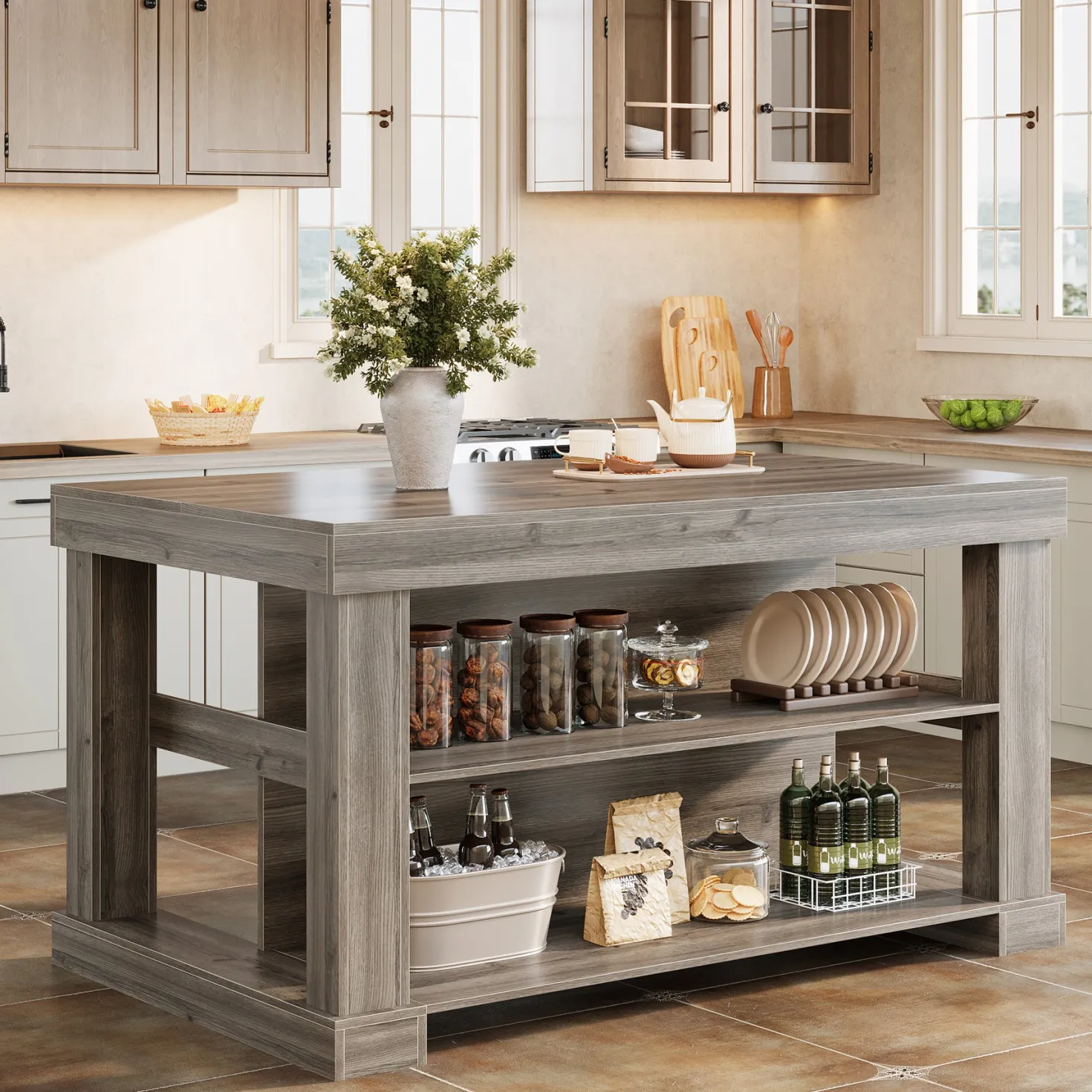 55" Kitchen Island, Farmhouse Stationary Island Unit with 2-Tier Storage