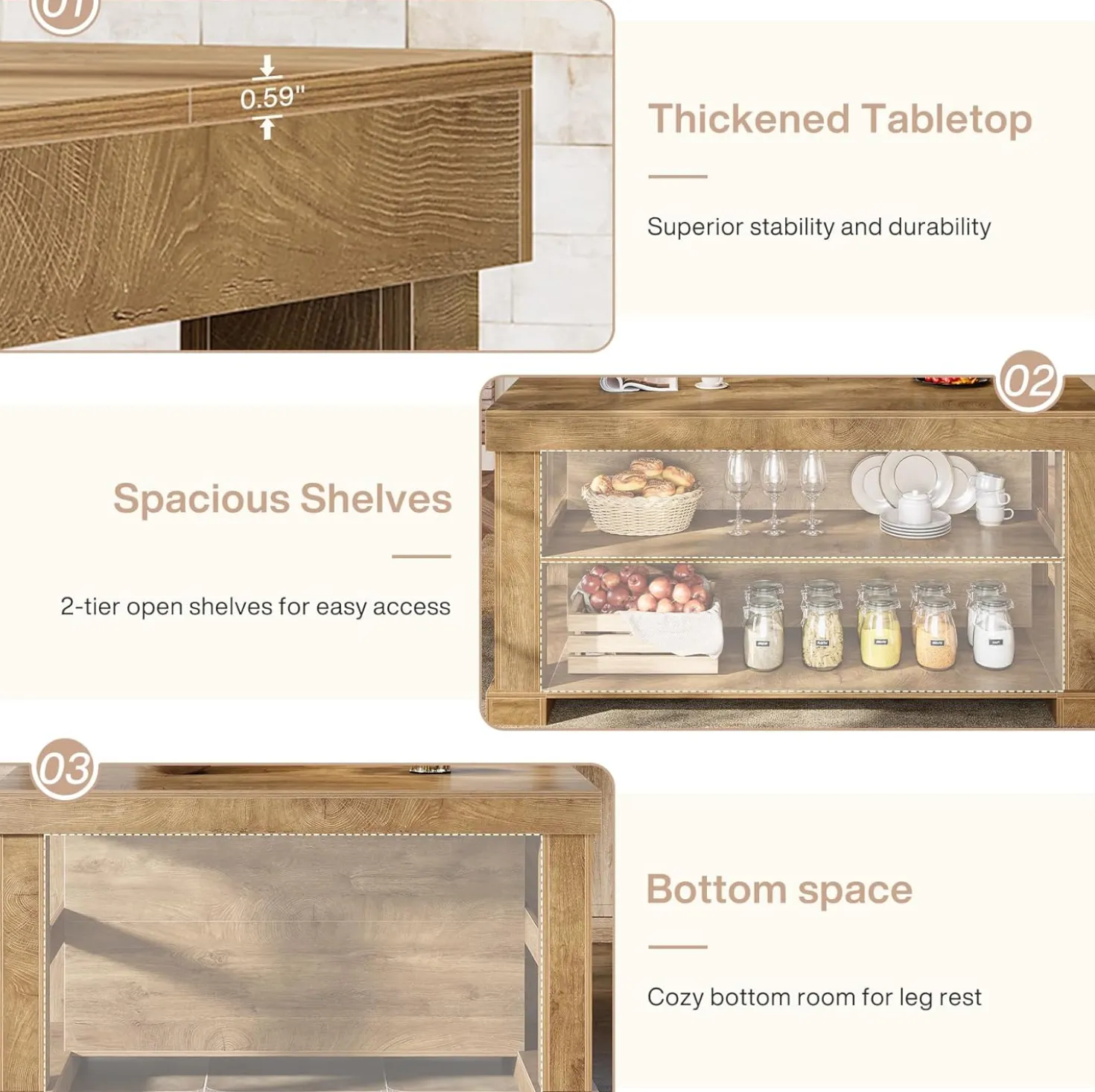 55" Kitchen Island, Farmhouse Stationary Island Unit with 2-Tier Storage