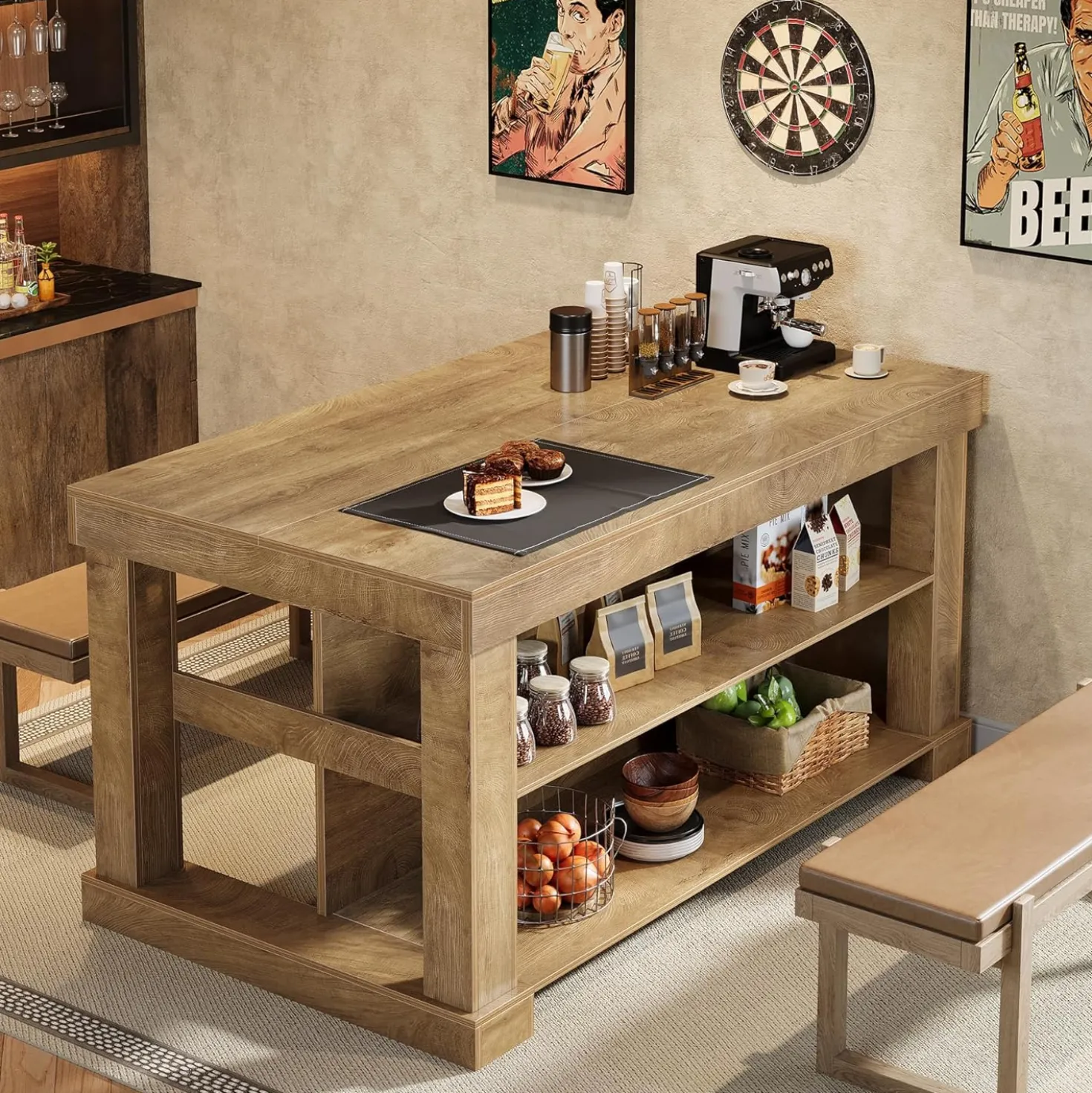 55" Kitchen Island, Farmhouse Stationary Island Unit with 2-Tier Storage