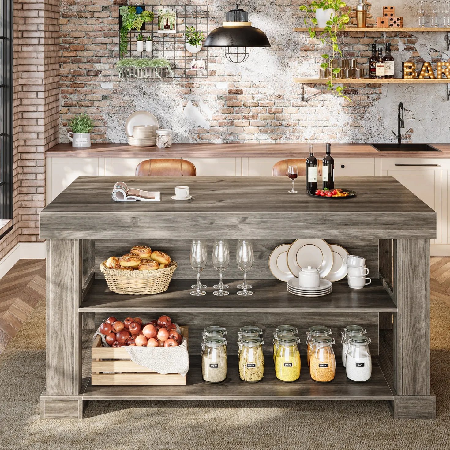 55" Kitchen Island, Farmhouse Stationary Island Unit with 2-Tier Storage