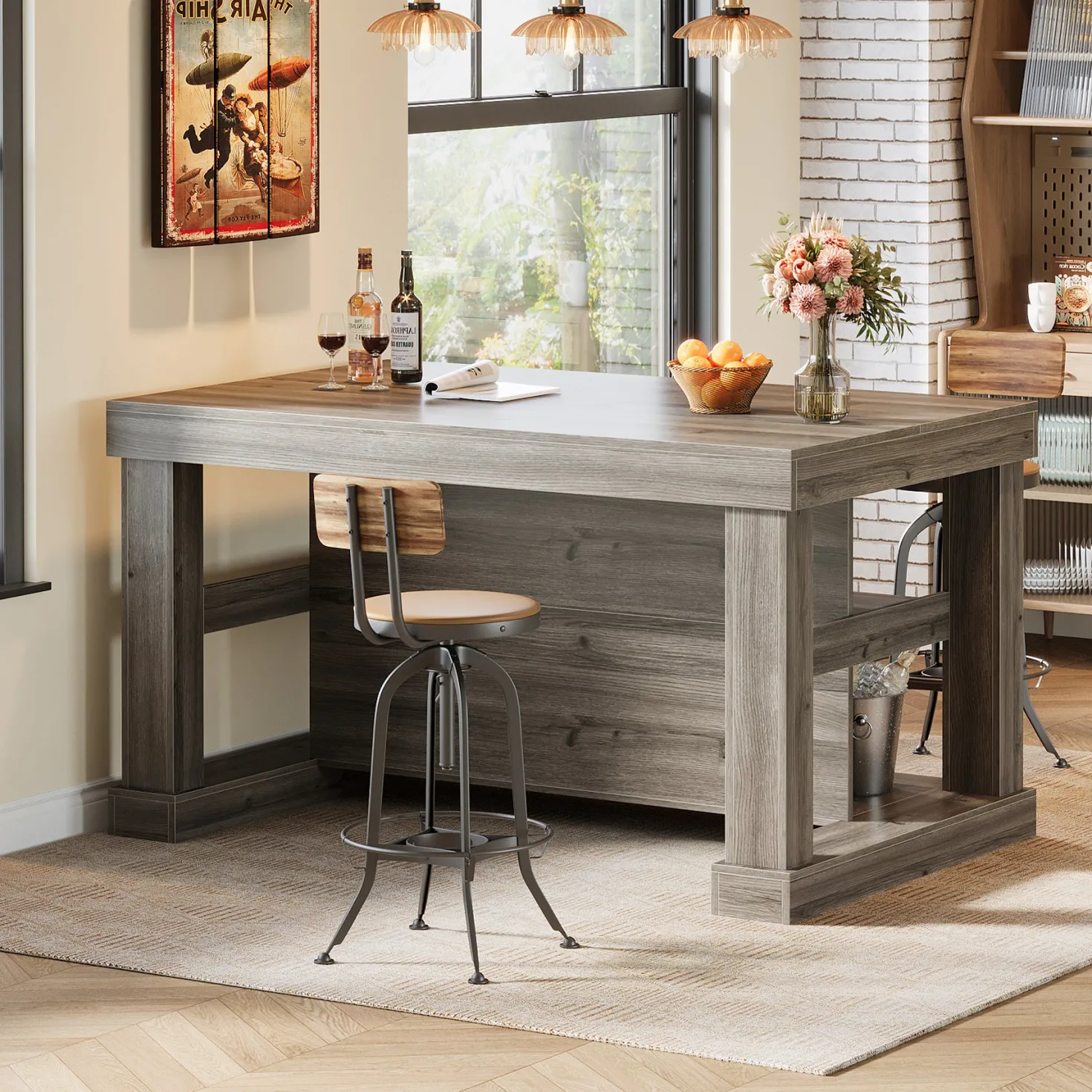 55" Kitchen Island, Farmhouse Stationary Island Unit with 2-Tier Storage