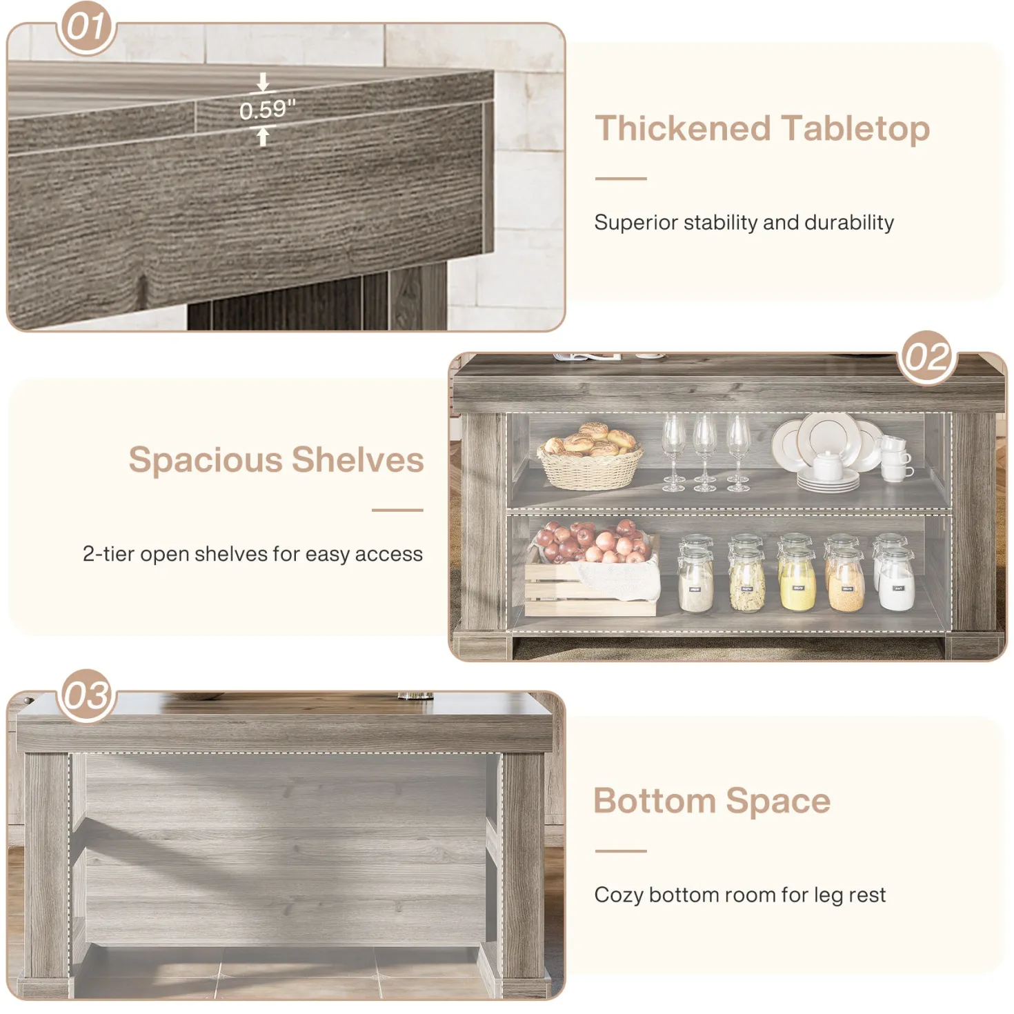55" Kitchen Island, Farmhouse Stationary Island Unit with 2-Tier Storage