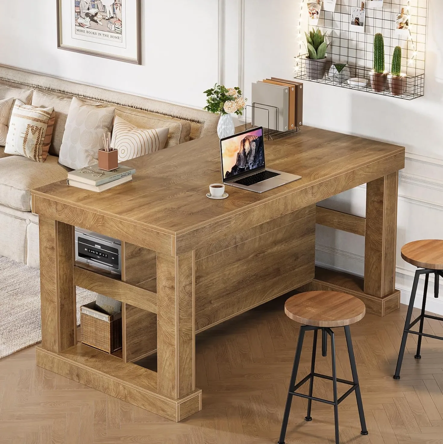 55" Kitchen Island, Farmhouse Stationary Island Unit with 2-Tier Storage