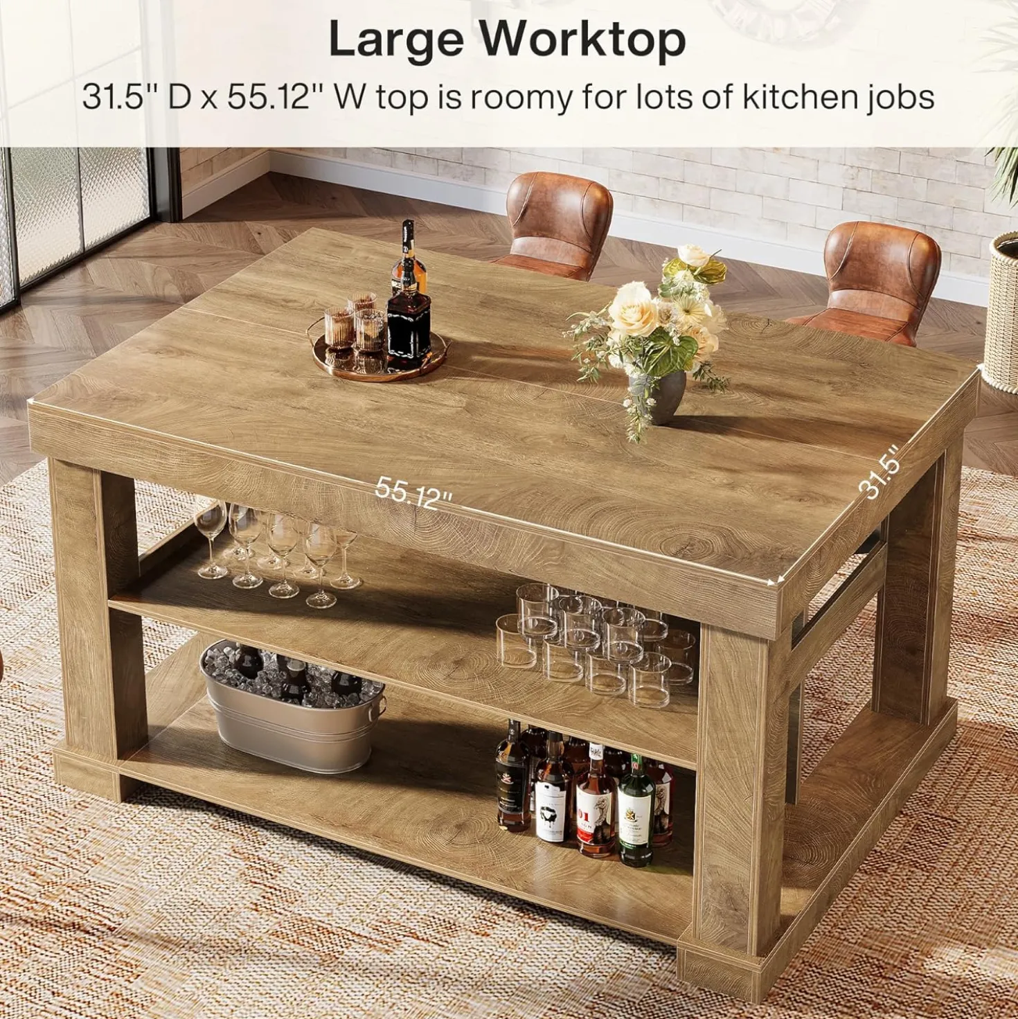 55" Kitchen Island, Farmhouse Stationary Island Unit with 2-Tier Storage