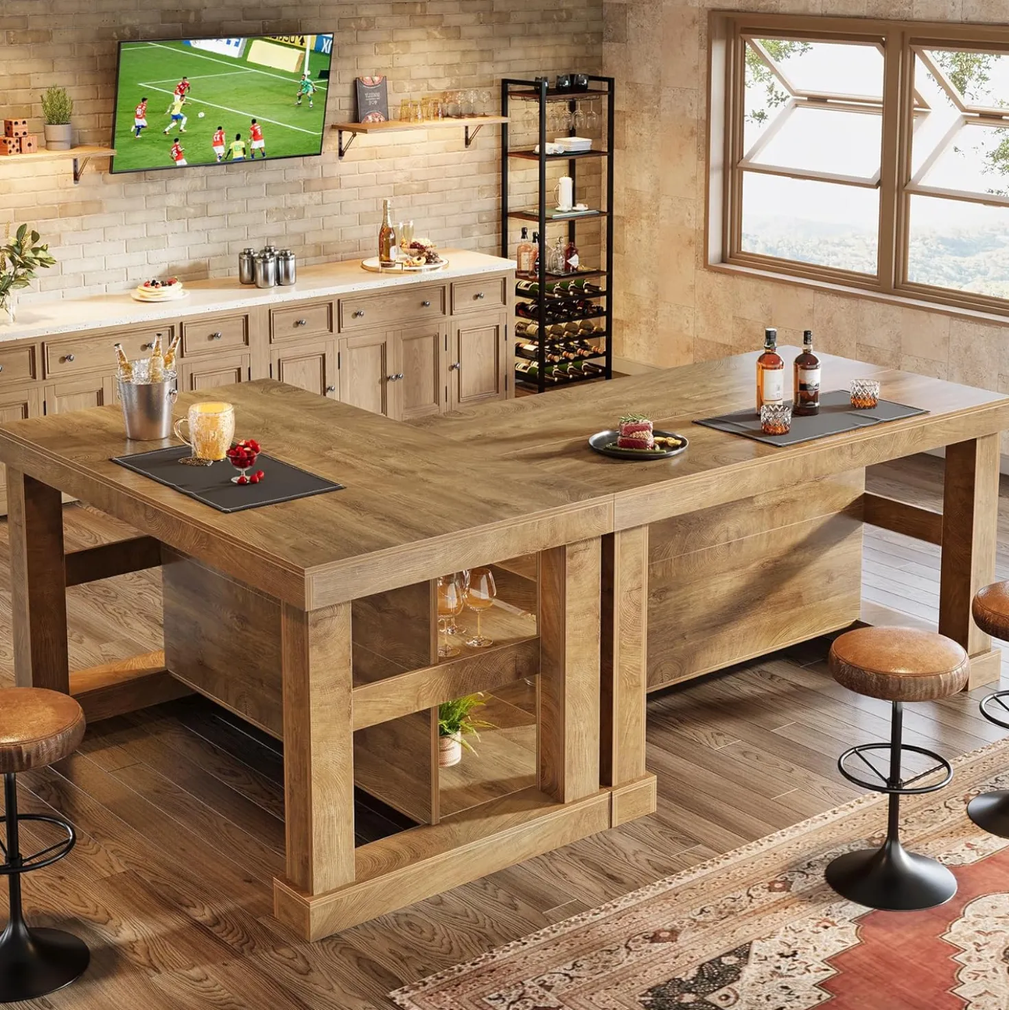 55" Kitchen Island, Farmhouse Stationary Island Unit with 2-Tier Storage