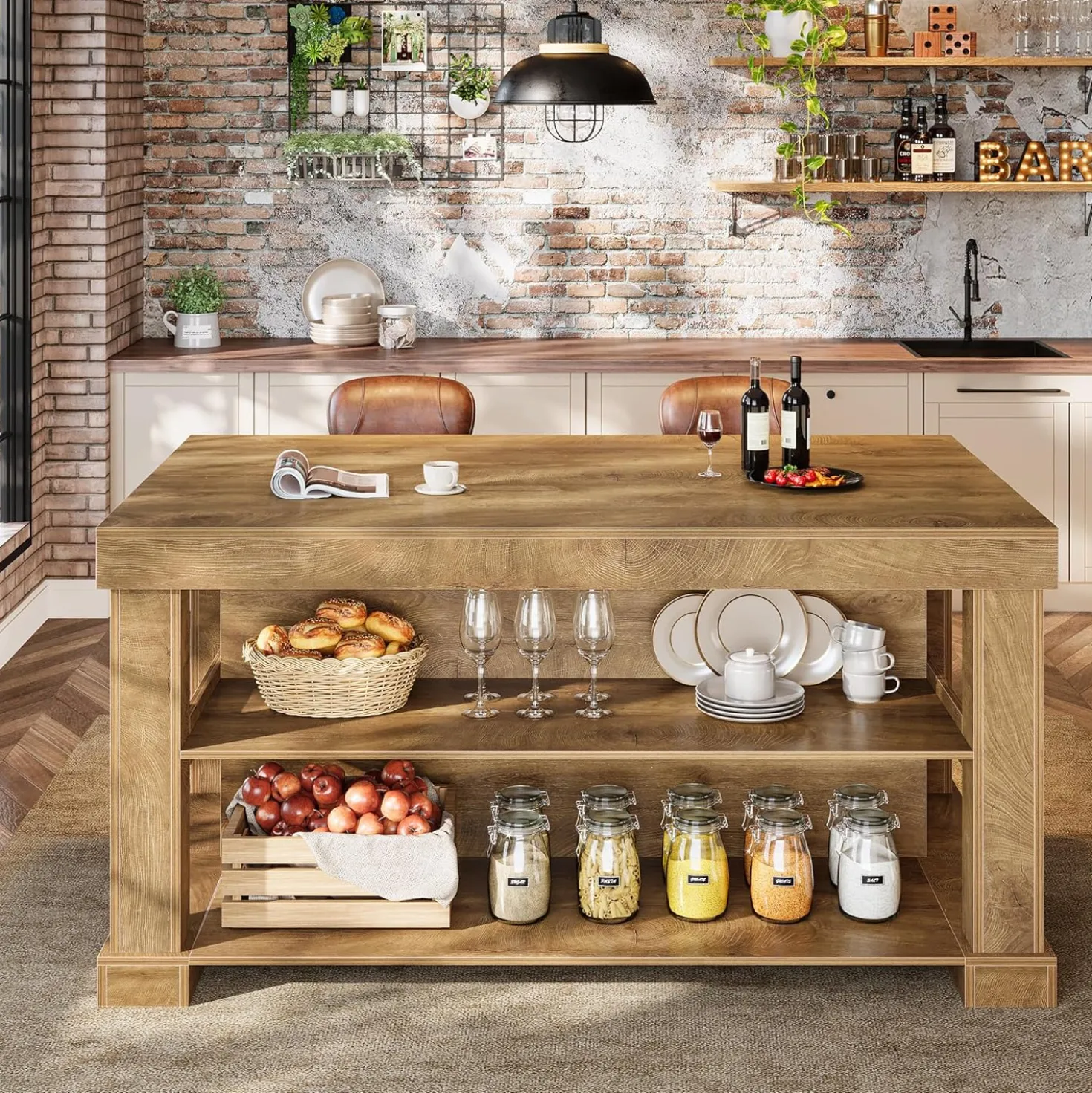 55" Kitchen Island, Farmhouse Stationary Island Unit with 2-Tier Storage