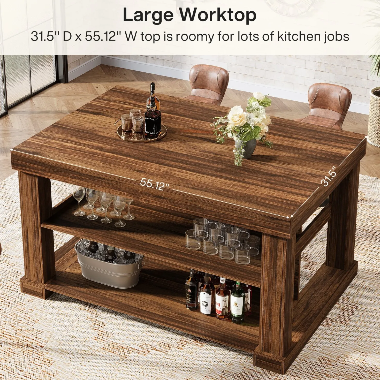 55" Kitchen Island, Farmhouse Stationary Island Unit with 2-Tier Storage