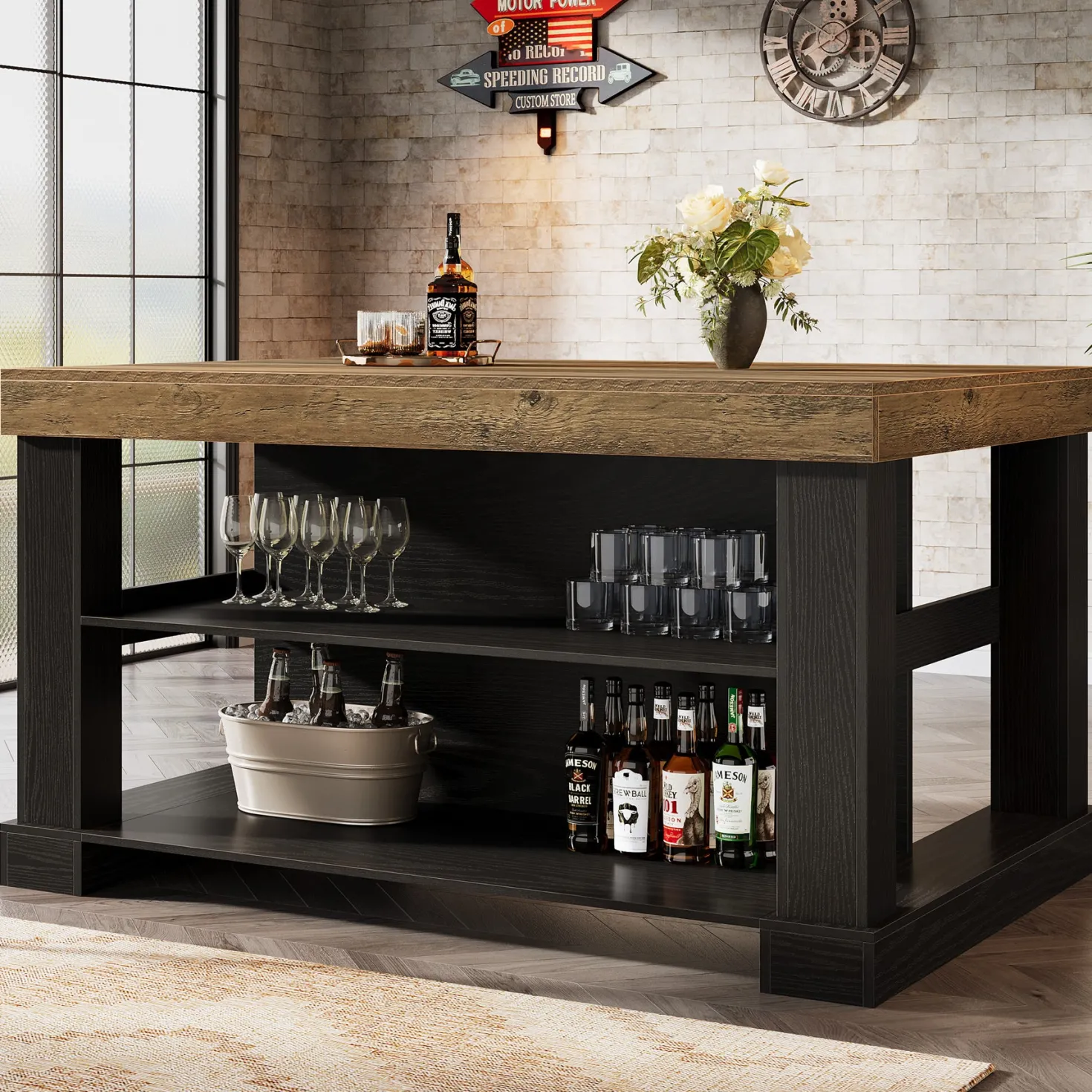 55" Kitchen Island, Farmhouse Stationary Island Unit with 2-Tier Storage