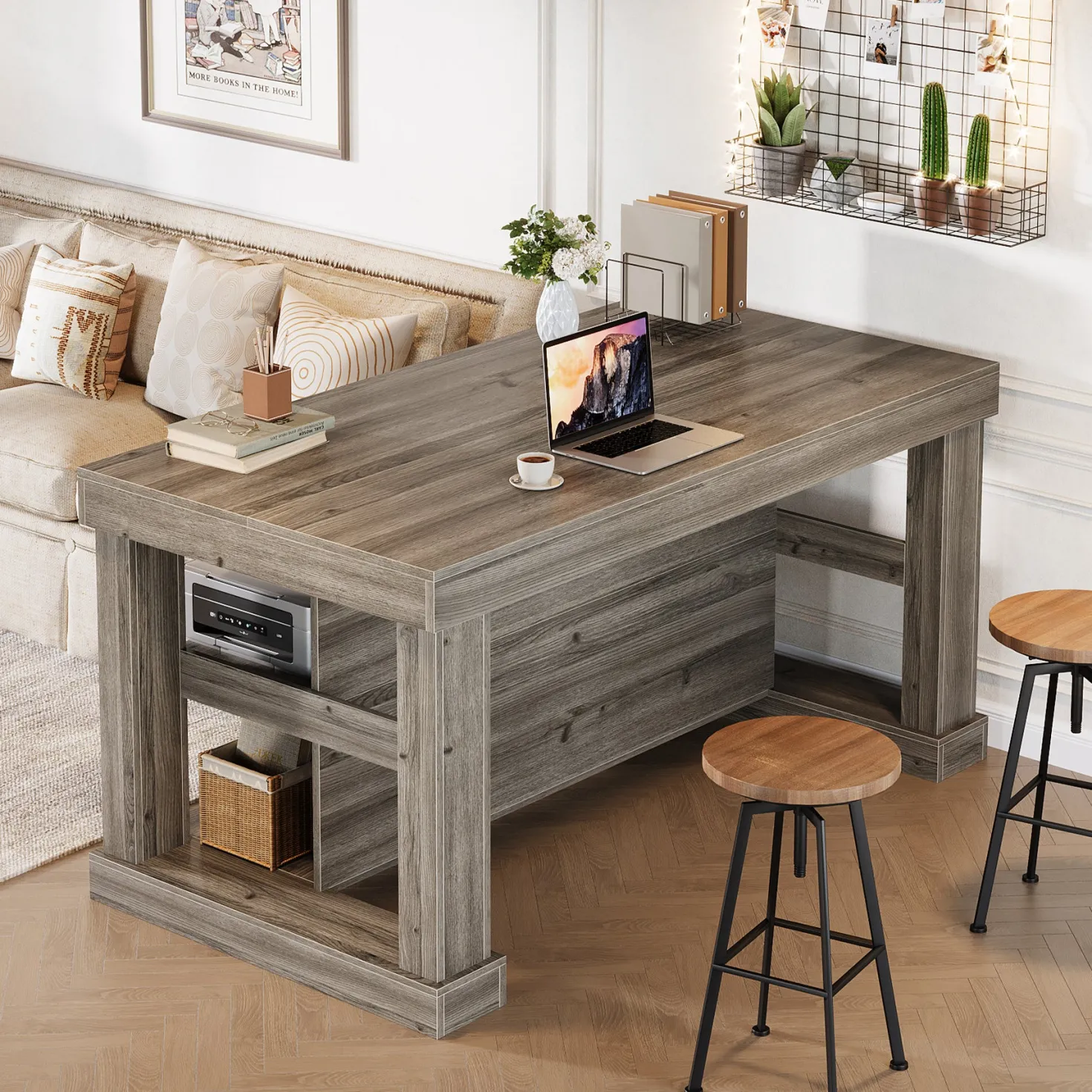 55" Kitchen Island, Farmhouse Stationary Island Unit with 2-Tier Storage