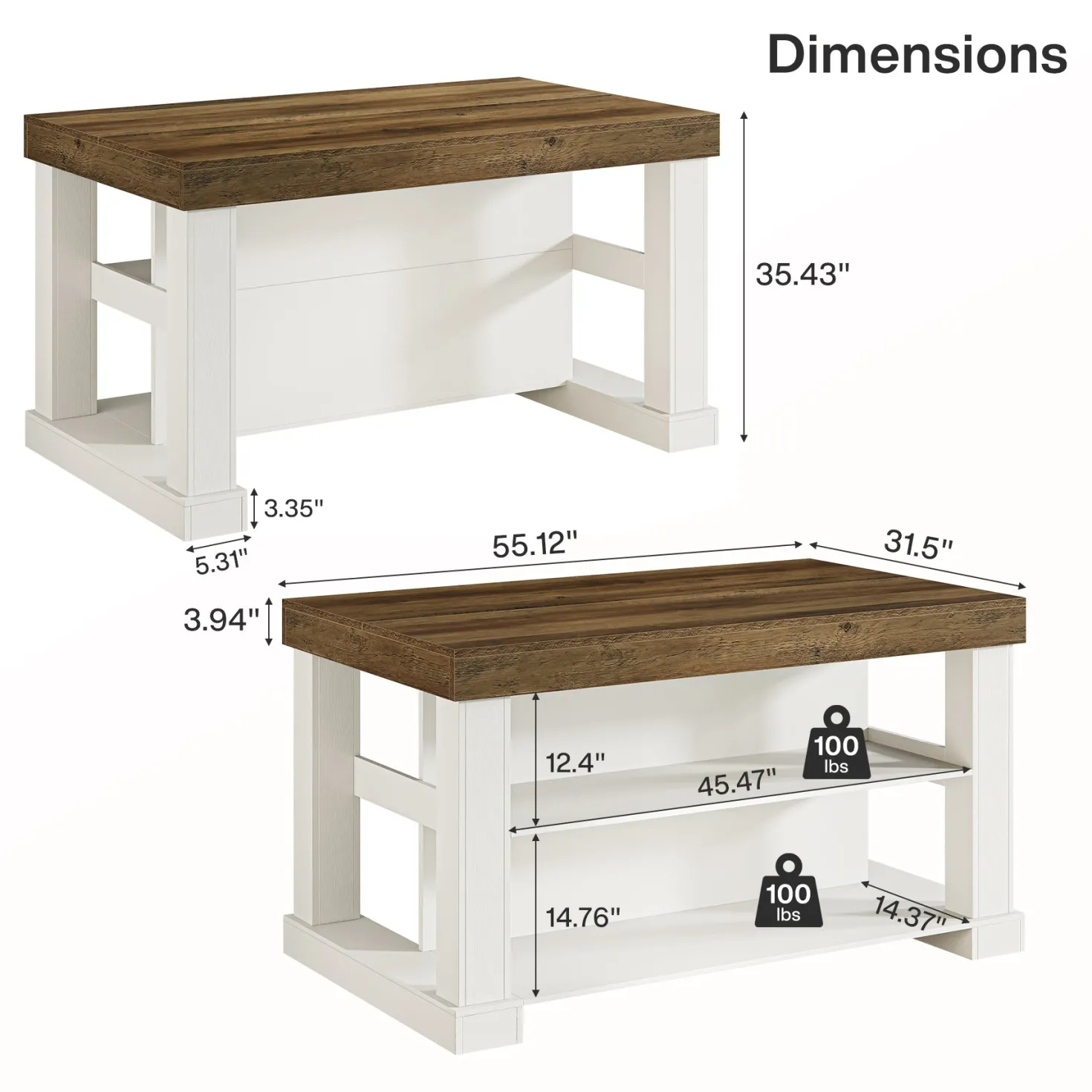 55" Kitchen Island, Farmhouse Stationary Island Unit with 2-Tier Storage