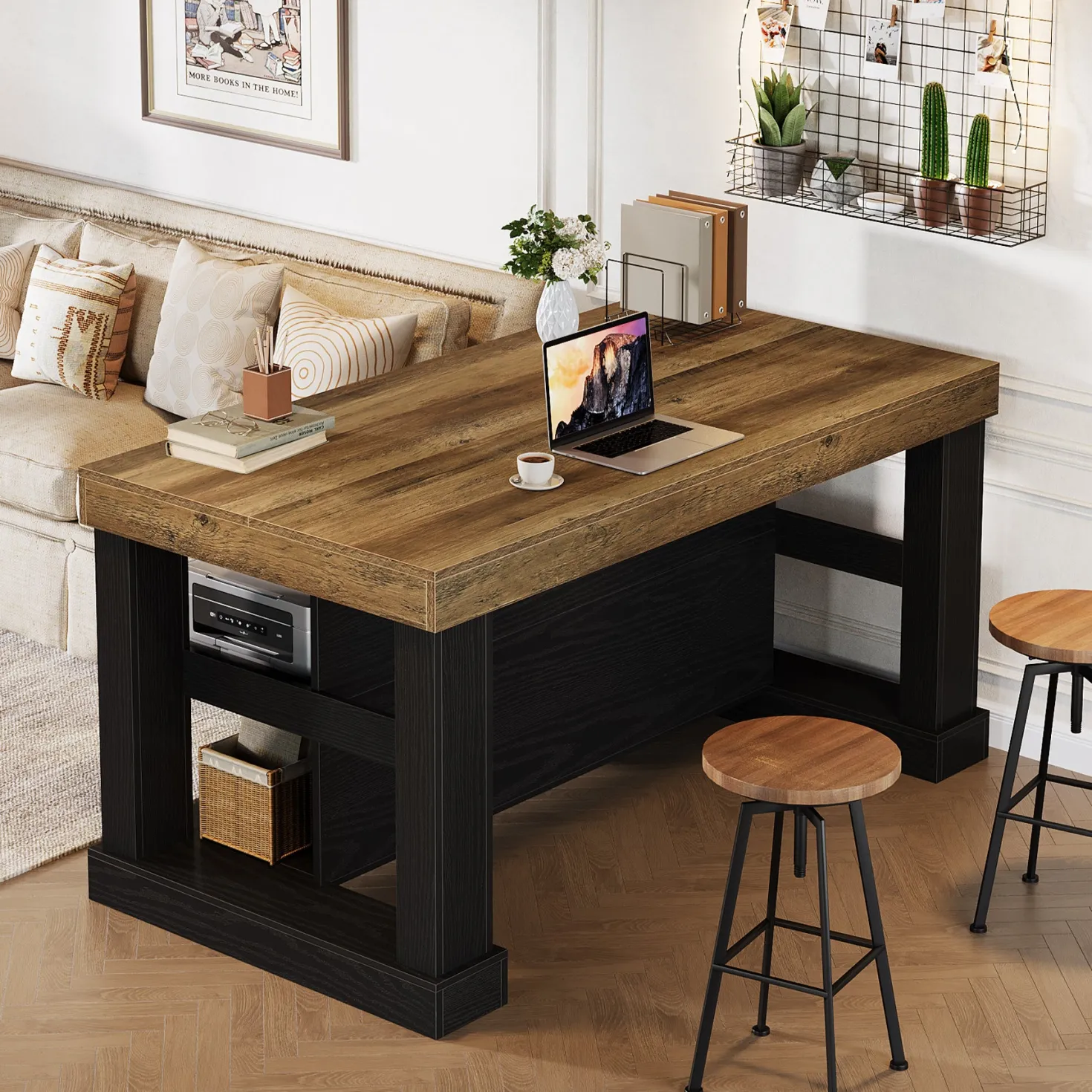 55" Kitchen Island, Farmhouse Stationary Island Unit with 2-Tier Storage
