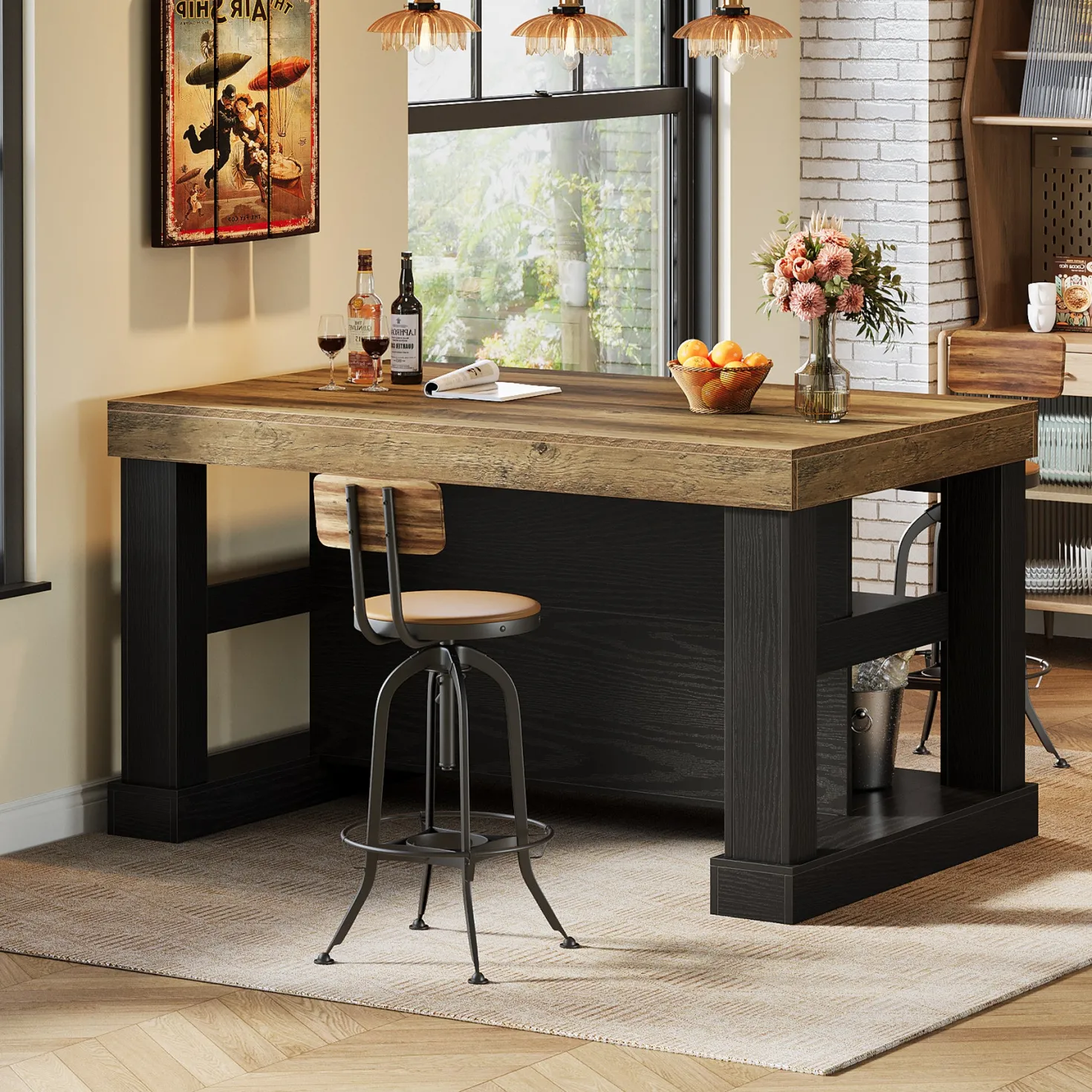 55" Kitchen Island, Farmhouse Stationary Island Unit with 2-Tier Storage