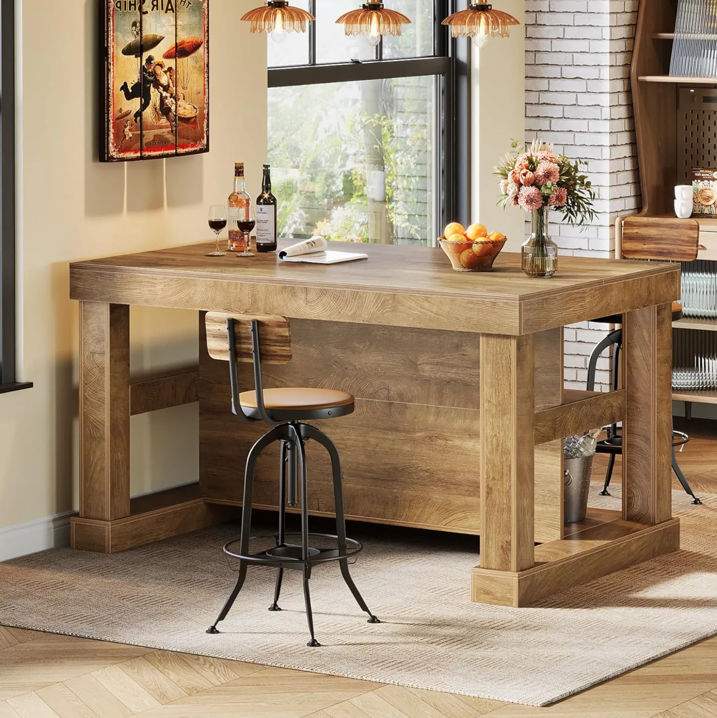 55" Kitchen Island, Farmhouse Stationary Island Unit with 2-Tier Storage