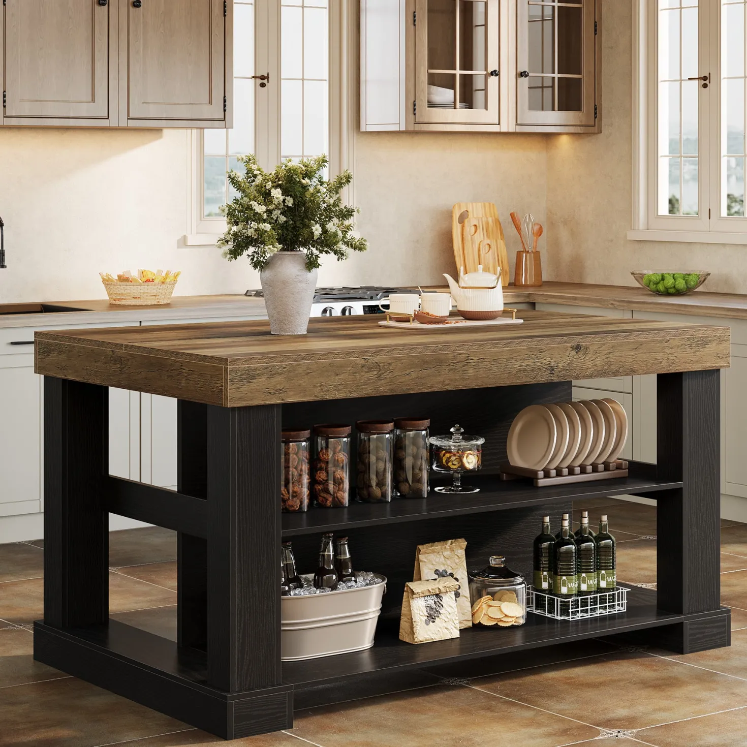 55" Kitchen Island, Farmhouse Stationary Island Unit with 2-Tier Storage