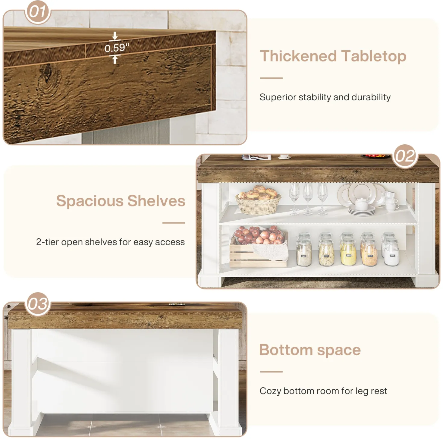 55" Kitchen Island, Farmhouse Stationary Island Unit with 2-Tier Storage