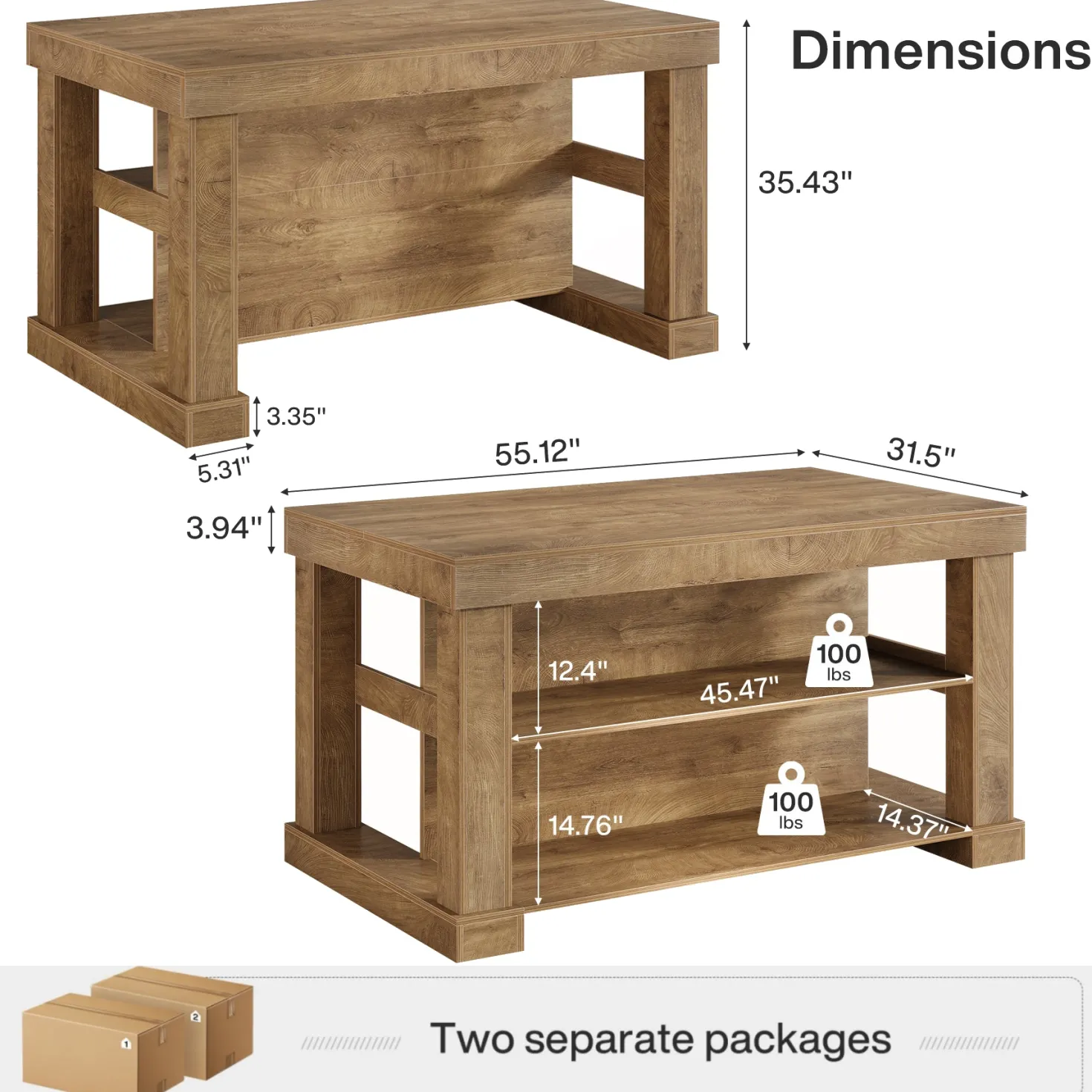 55" Kitchen Island, Farmhouse Stationary Island Unit with 2-Tier Storage