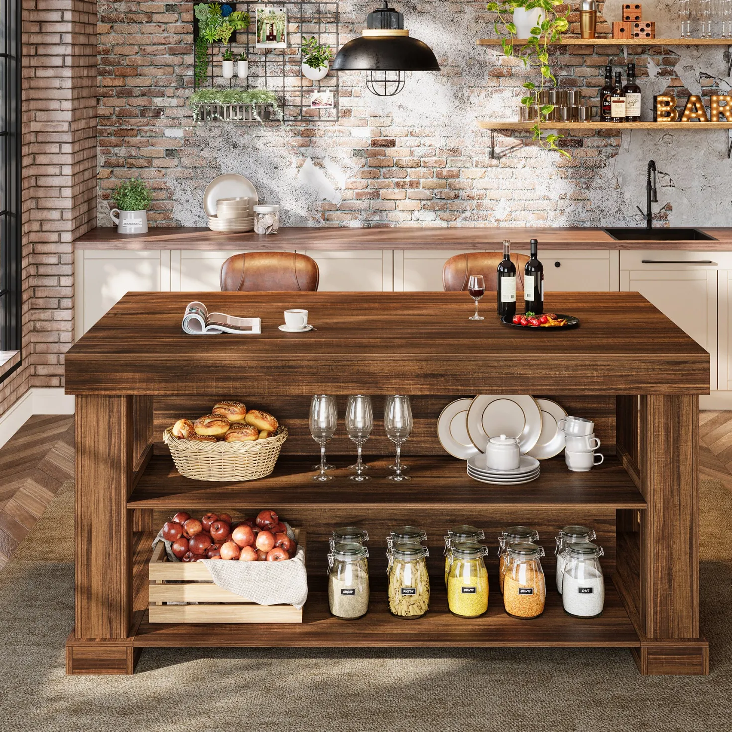 55" Kitchen Island, Farmhouse Stationary Island Unit with 2-Tier Storage